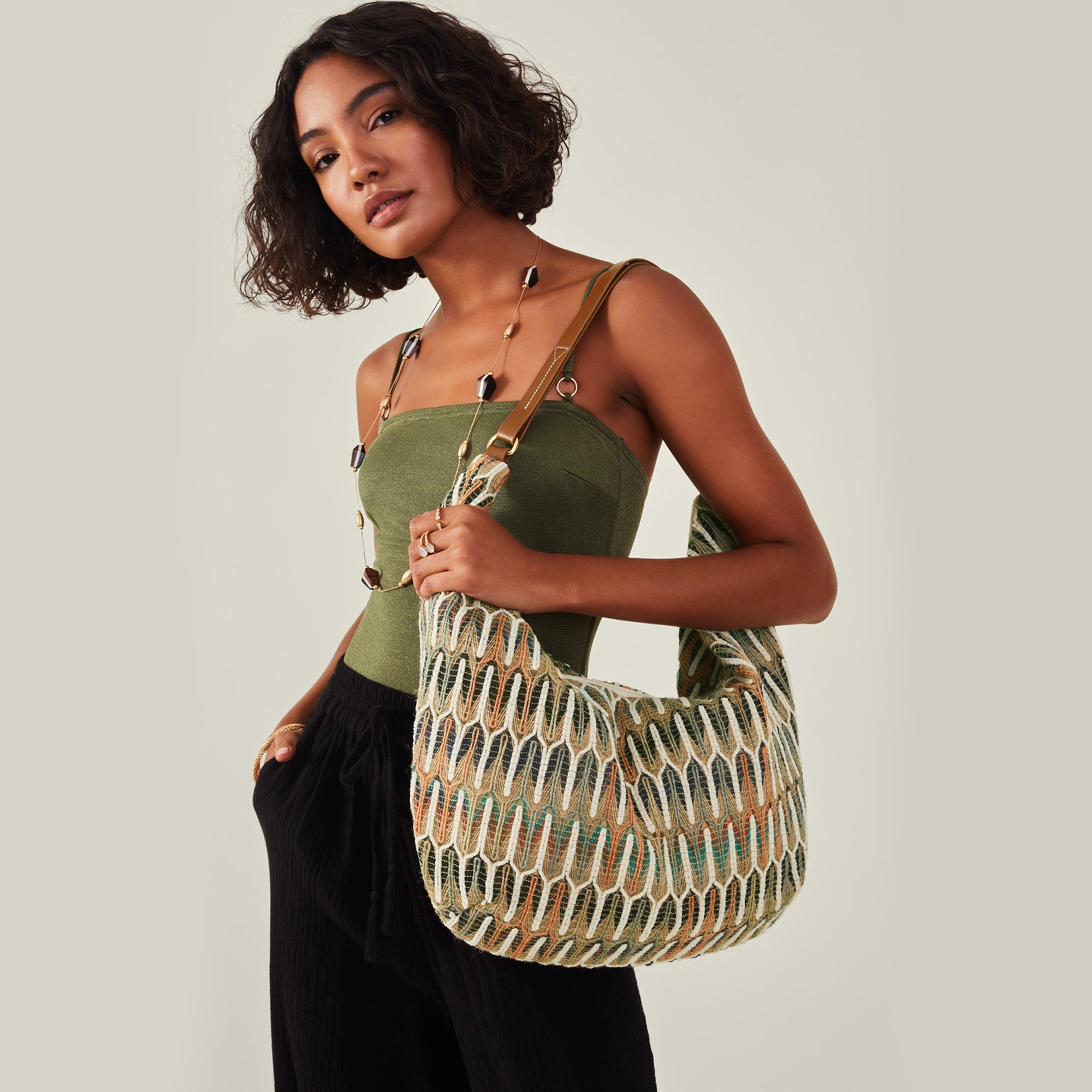 Green Embroidered Scoop Shoulder Bag