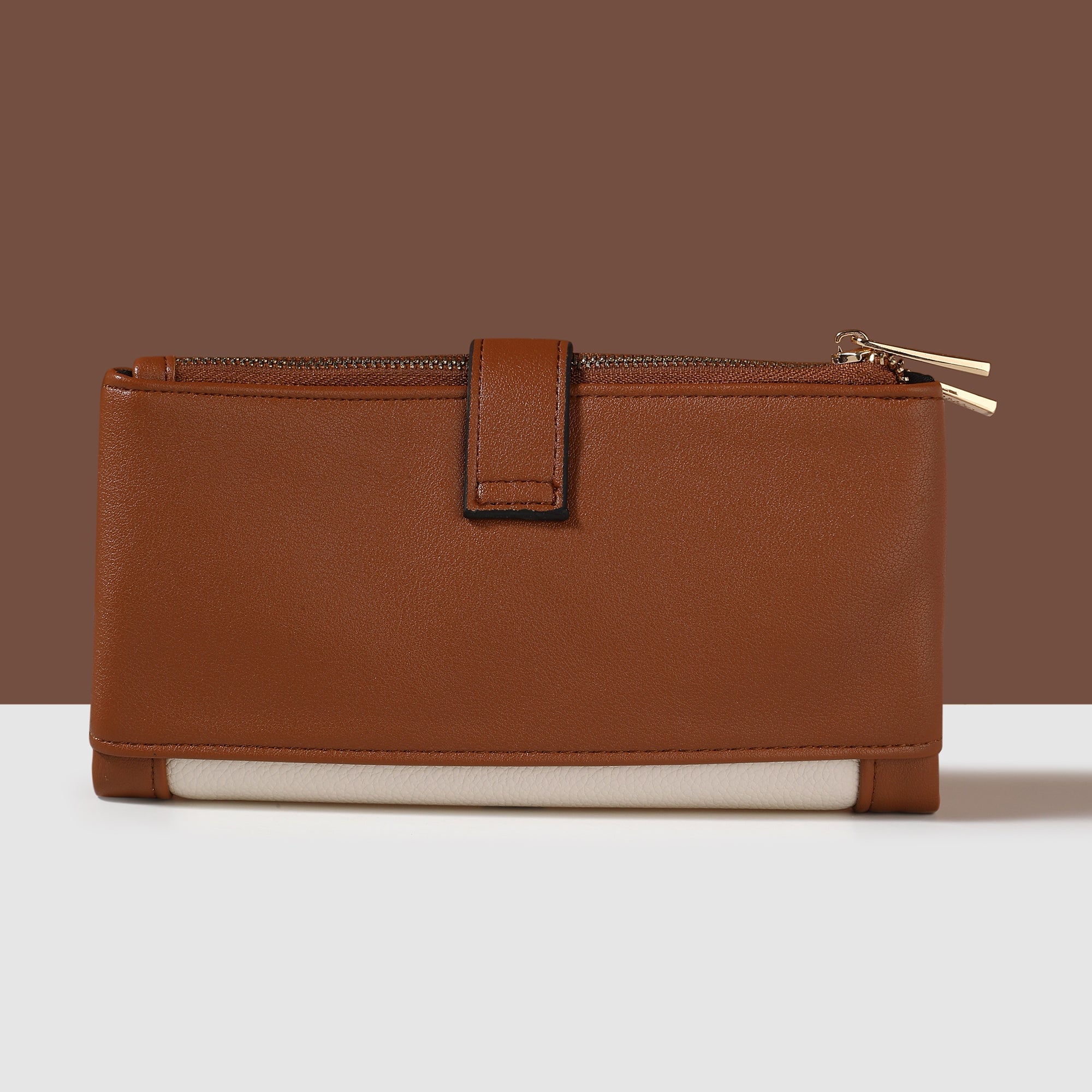 Brown Colour Block Push Lock Wallet