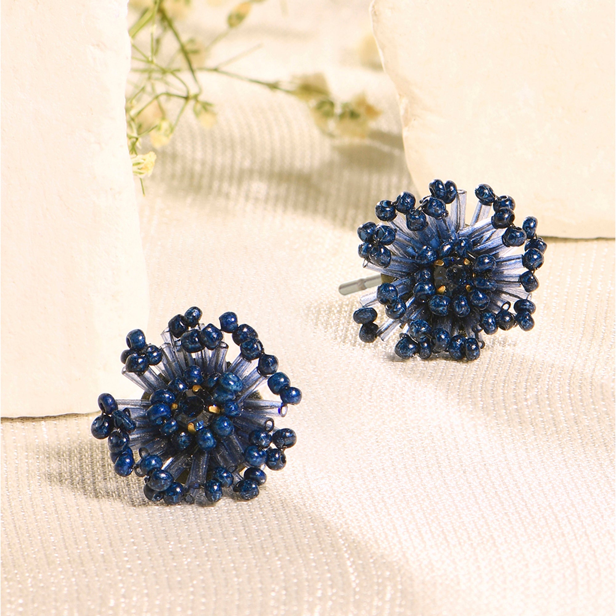 Blue Beaded Flower Stud Earrings
