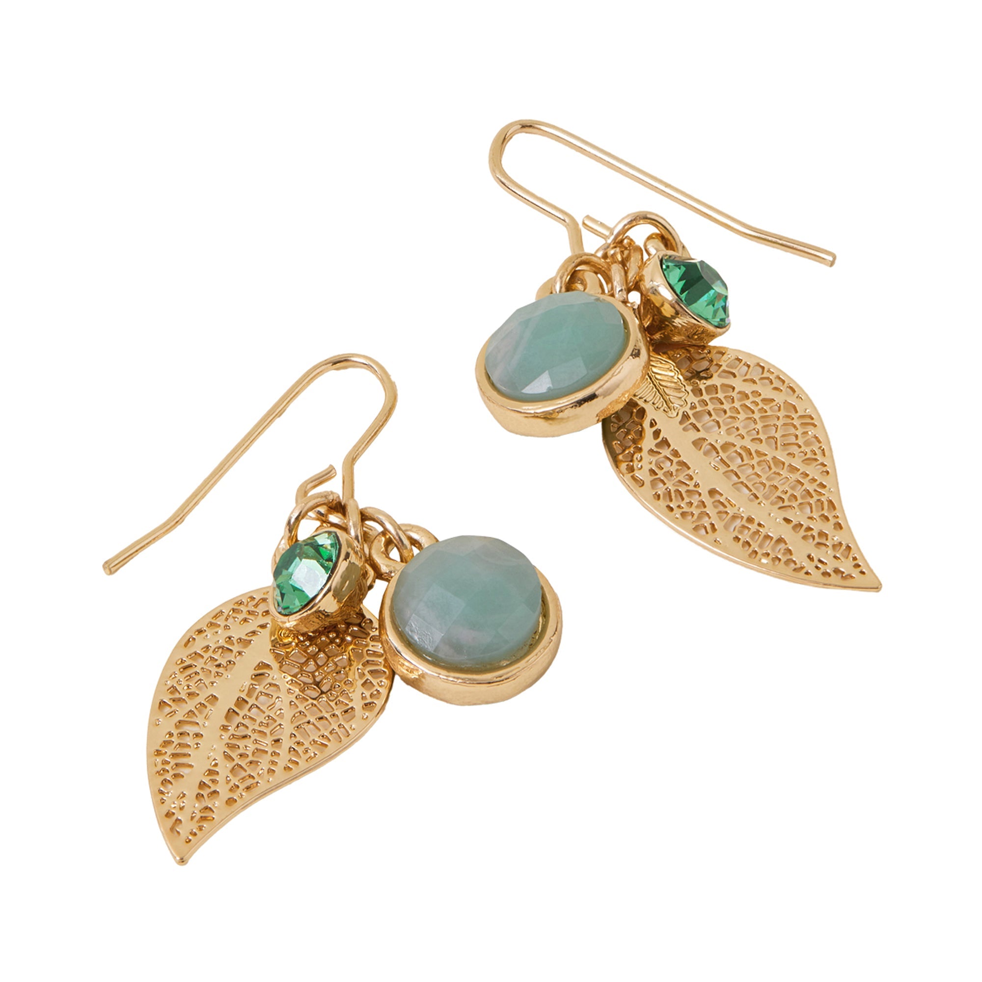 Green Stone Charm Leaf Drop Earrings