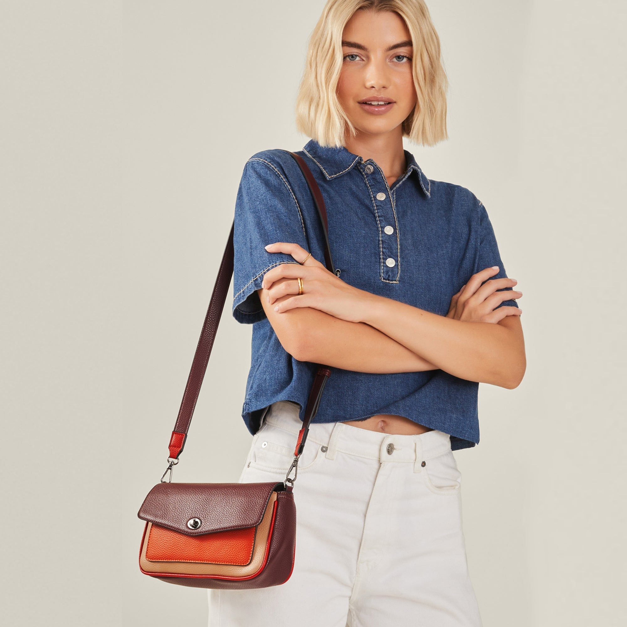Colourblock Maroon Faux Leather Cross-Body Bag