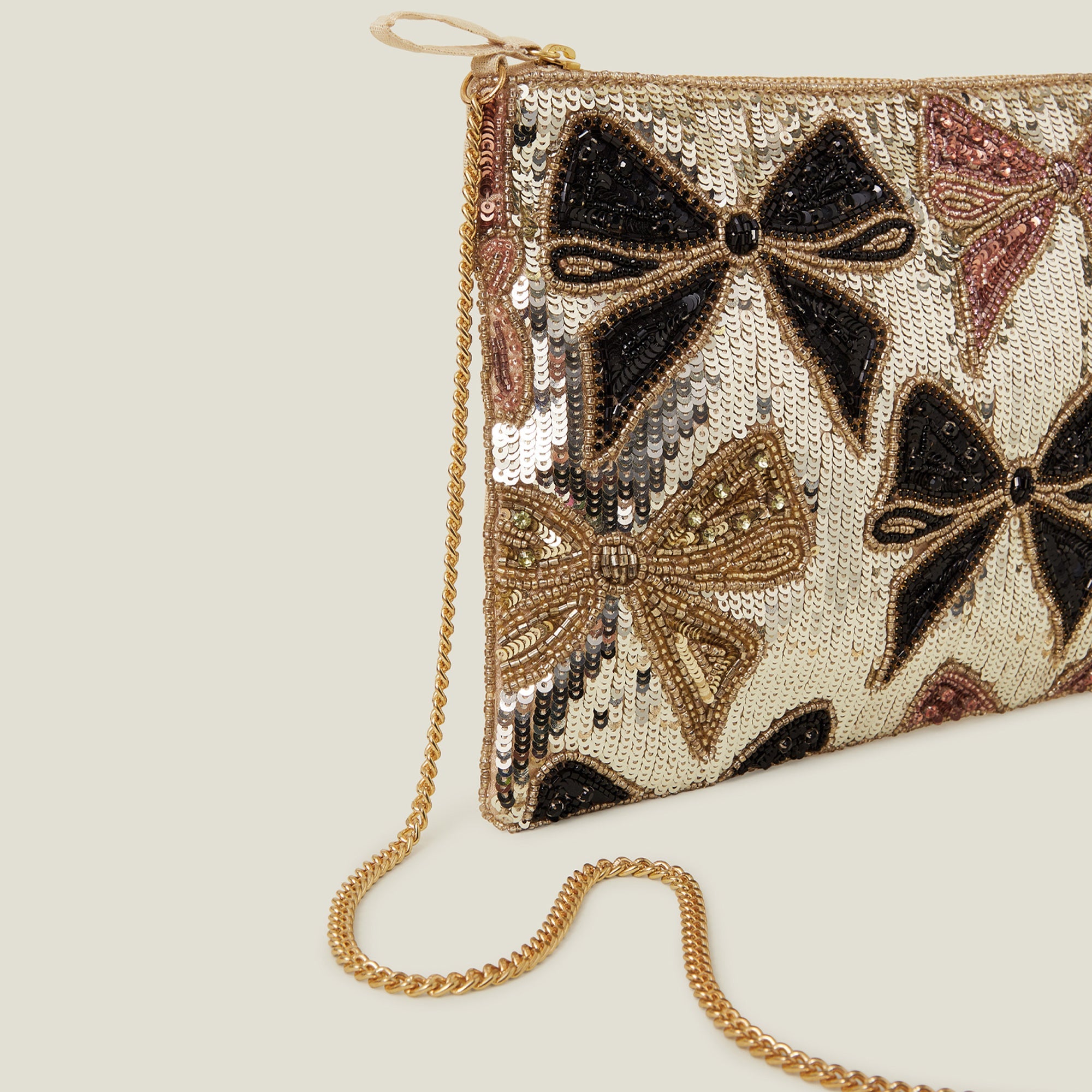 Gold Sequin Bow Zip Top Clutch Bag