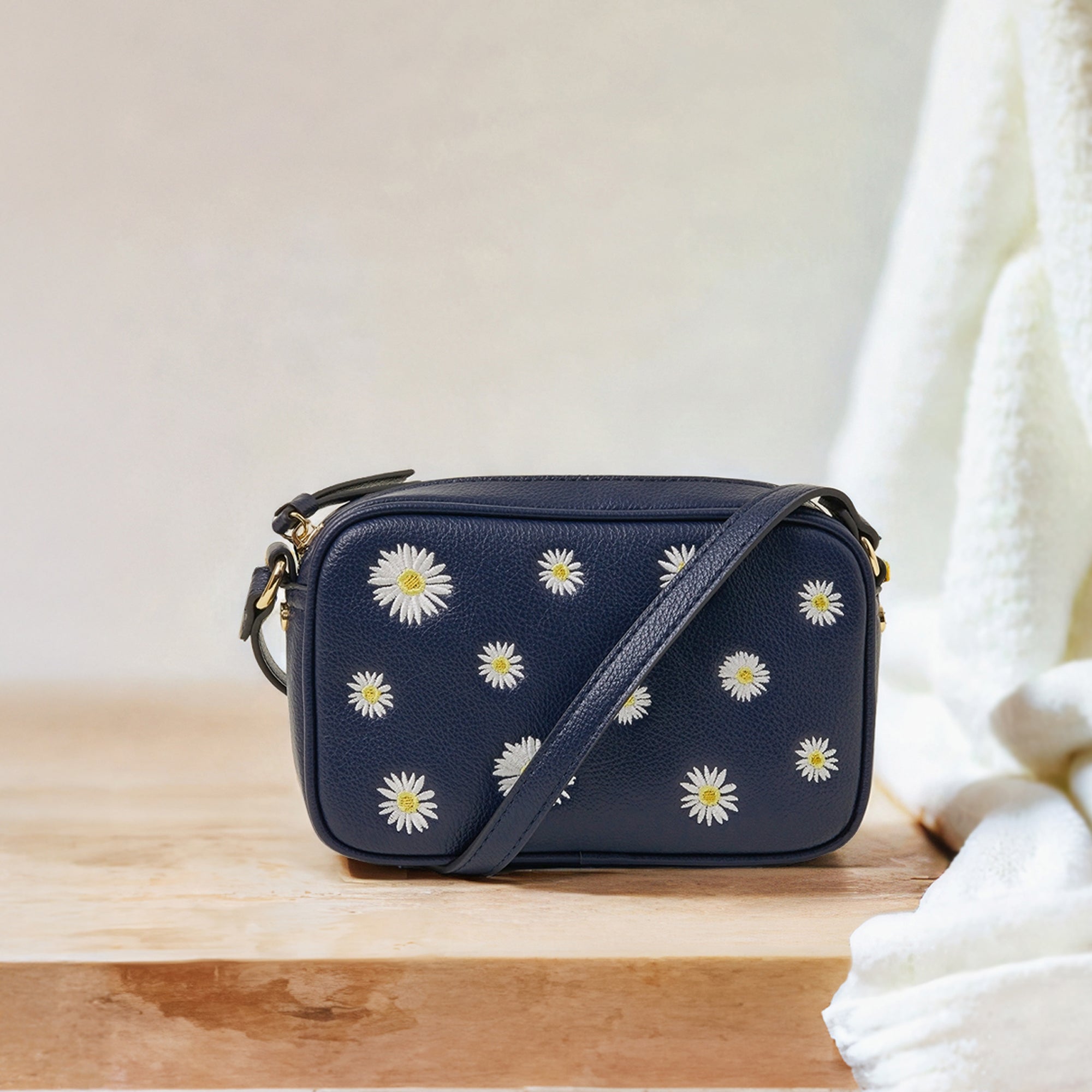 Navy Blue Daisy Faux Leather Sling Bag - Main Image