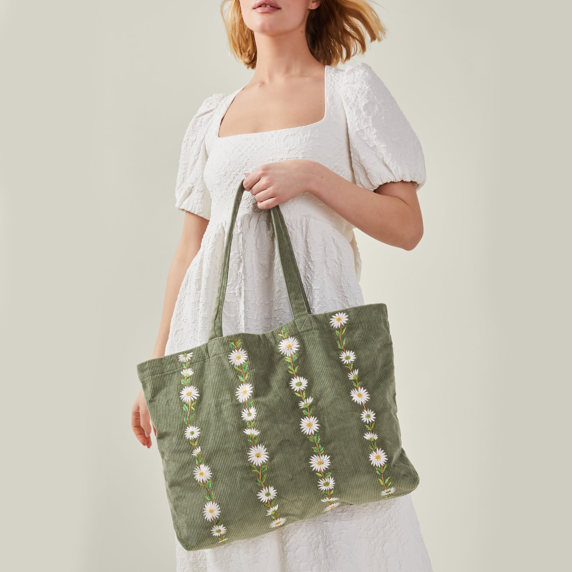 Green Daisy Embroidered Corduroy Shopper Bag - Accessorize India