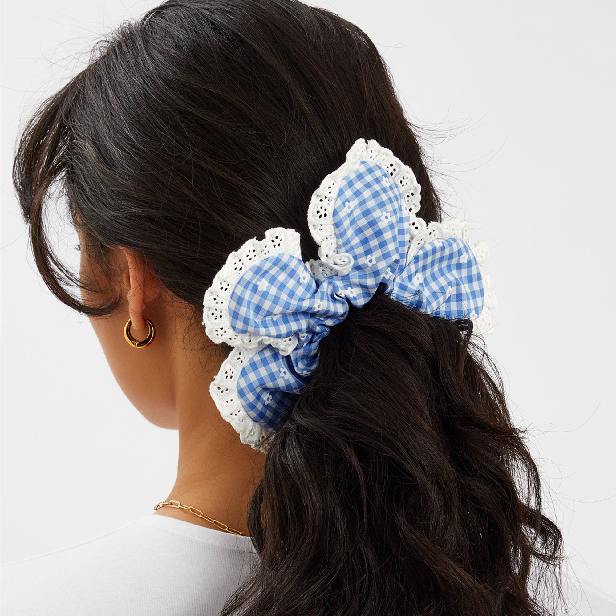 Blue Broderie Gingham Flower Hair Scrunchie