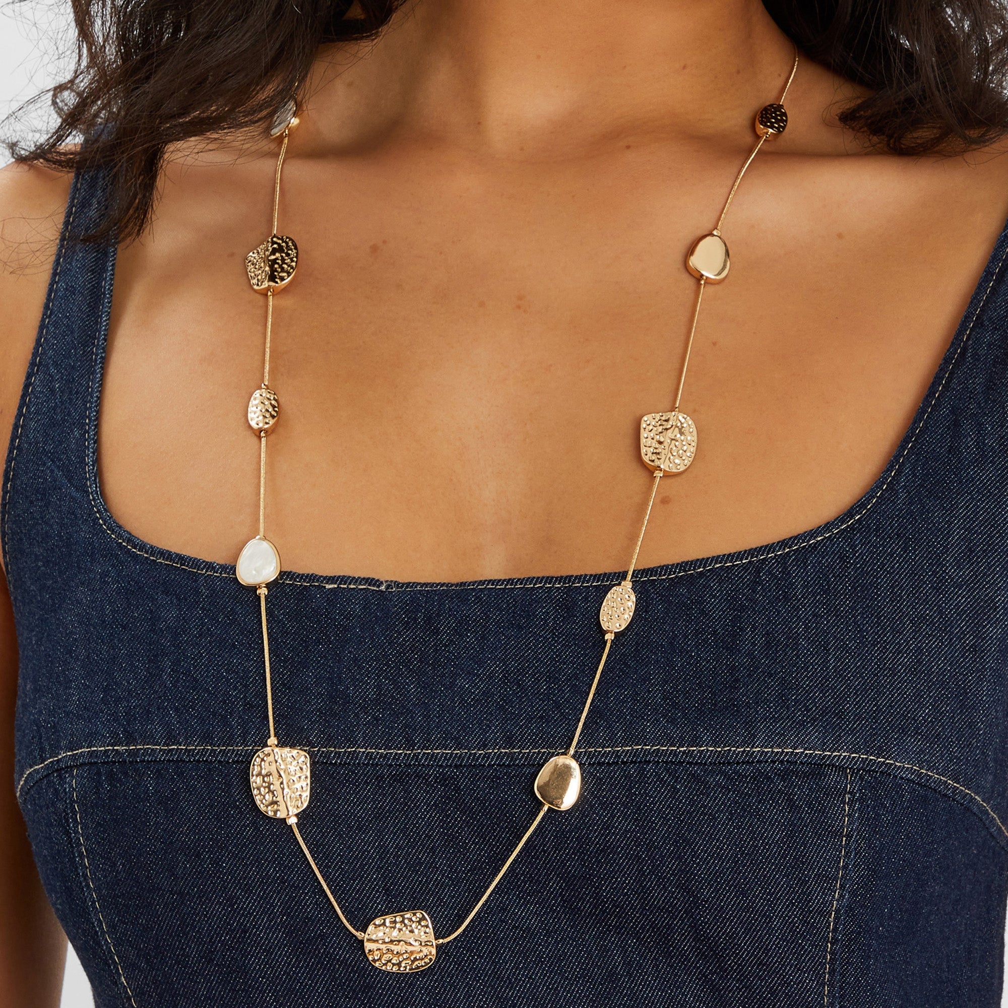 Chain Necklace Gold Disc Station Necklace Long Textured Pendant