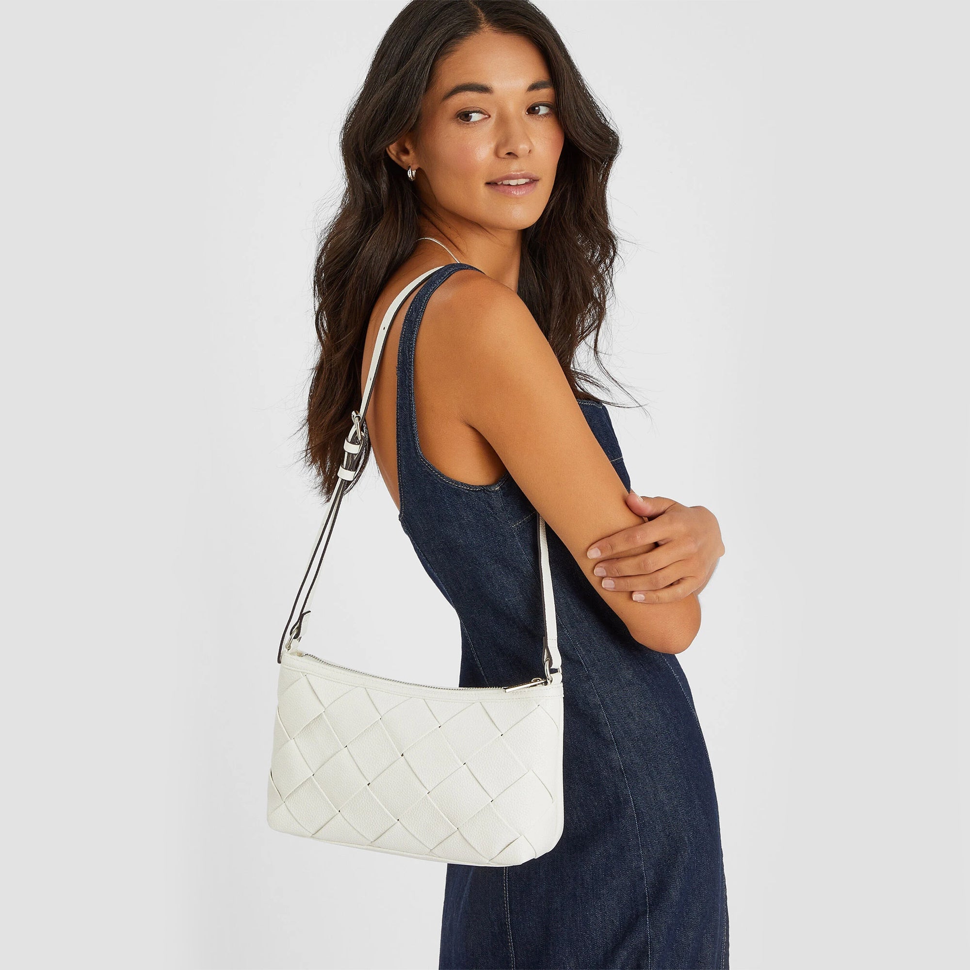 White Woven Faux Leather Shoulder Bag