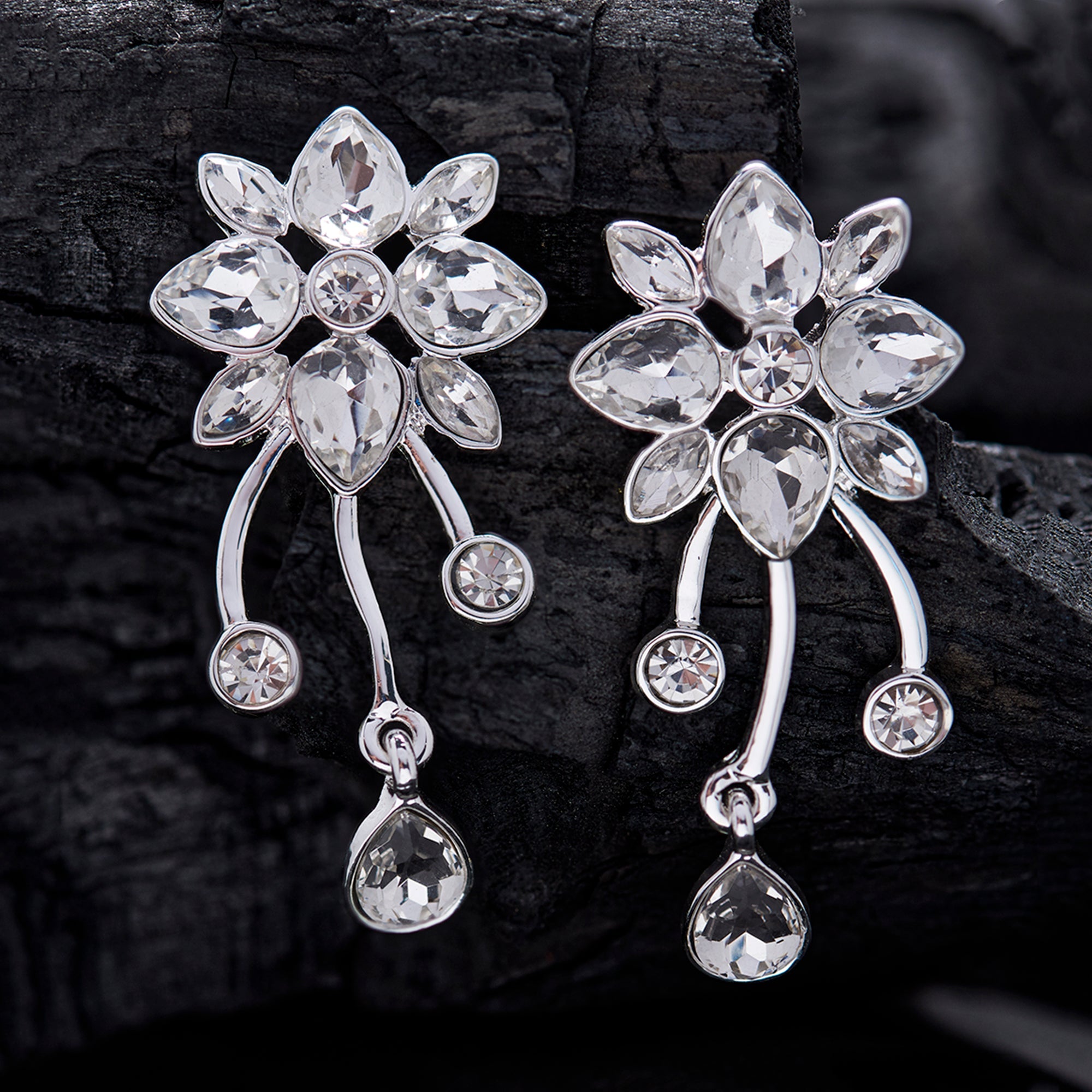 Accessorize London Women's Silver Crystal Floral Drop Earrings