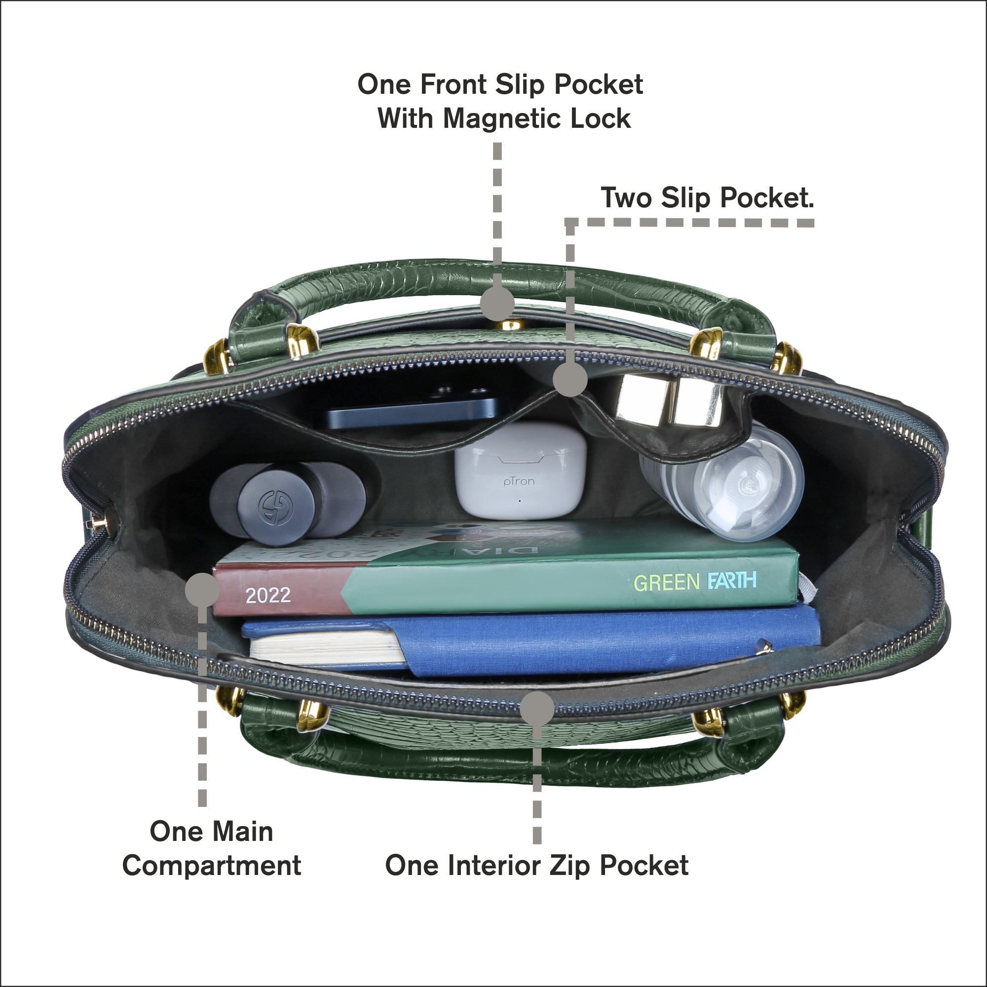 Accessorize London Women's Faux Leather Green Thea croc handheld Bag