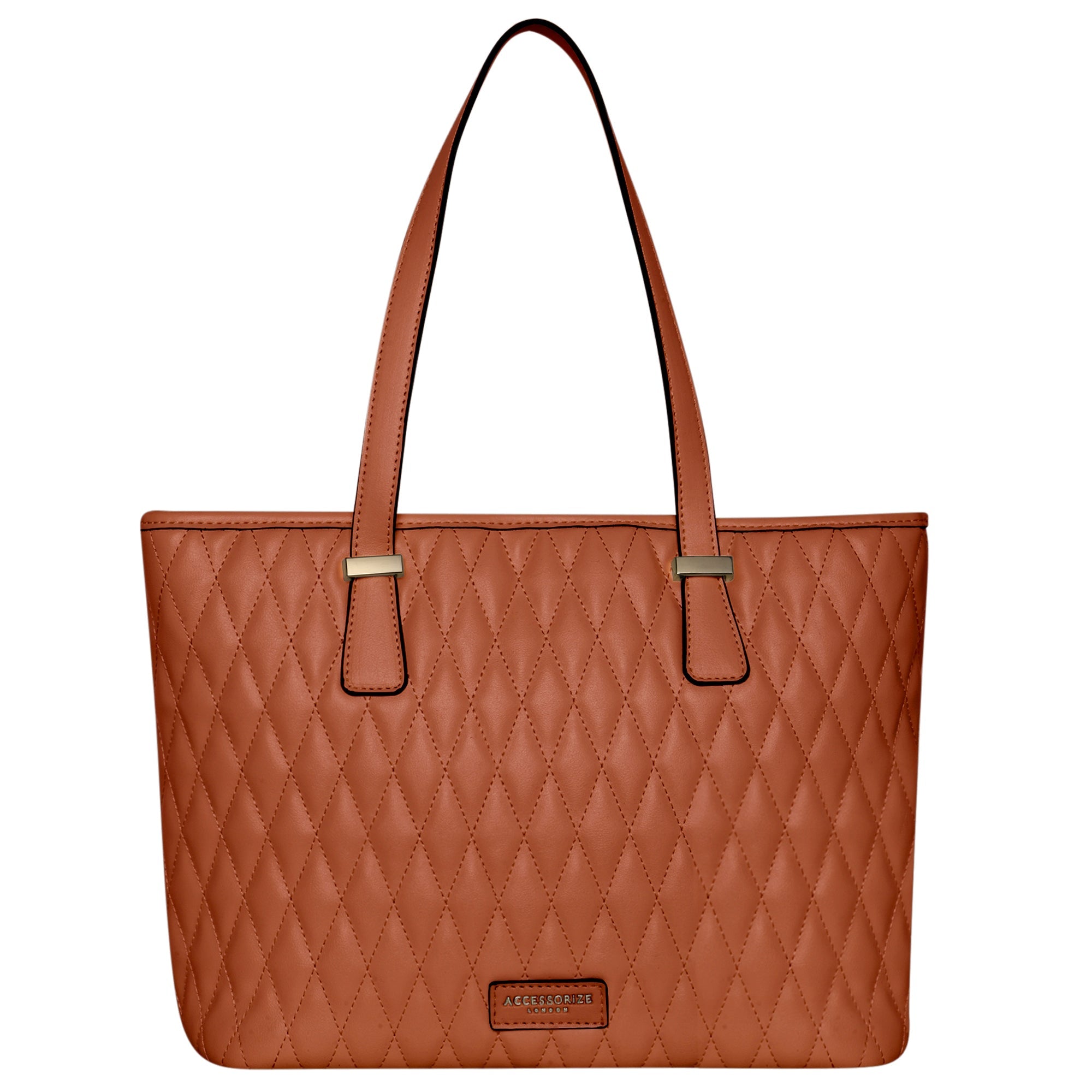 Accessorize London Women's Faux Leather Tan Lannister quilted tote Bag