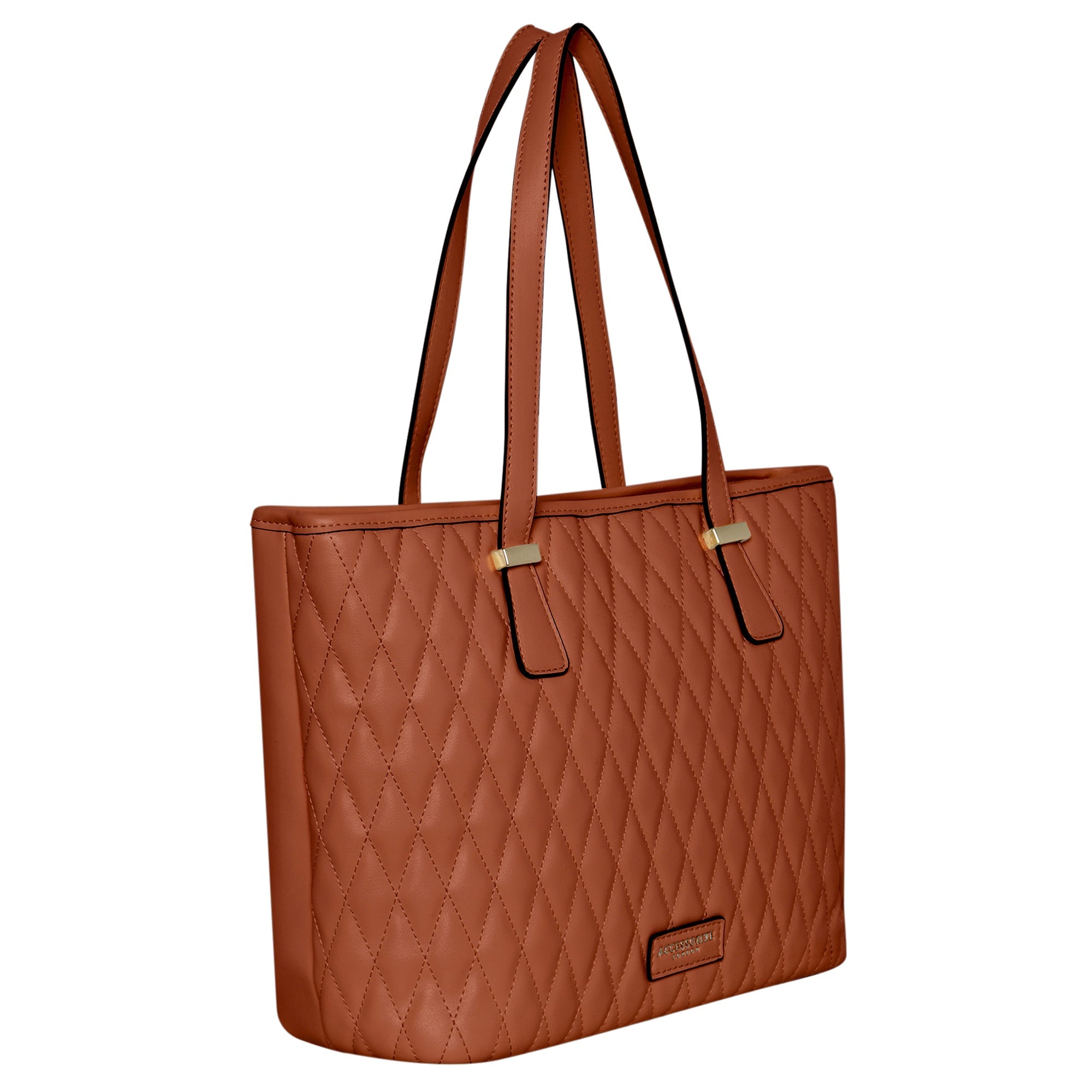 Accessorize London Women's Faux Leather Tan Lannister quilted tote Bag