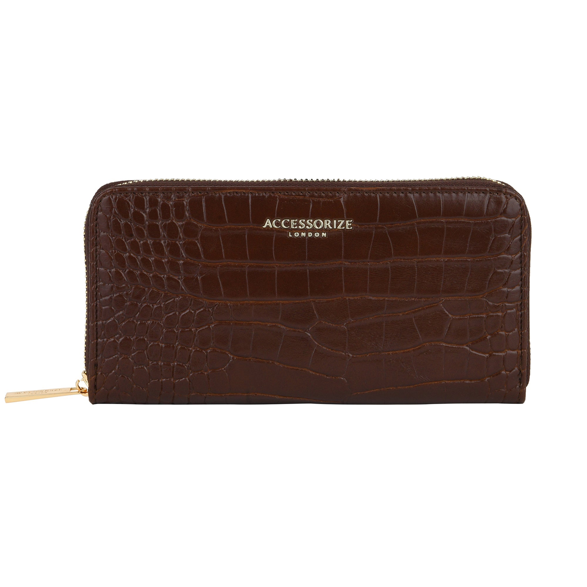 Accessorize London Women's Faux Leather Brown Adela Croc Zip around Large Wallet