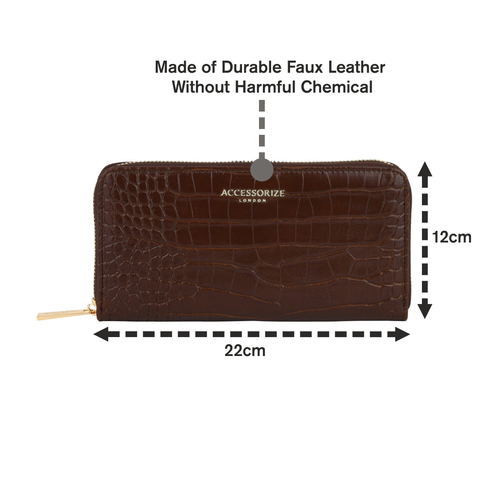 Accessorize London Women's Faux Leather Brown Adela Croc Zip around Large Wallet