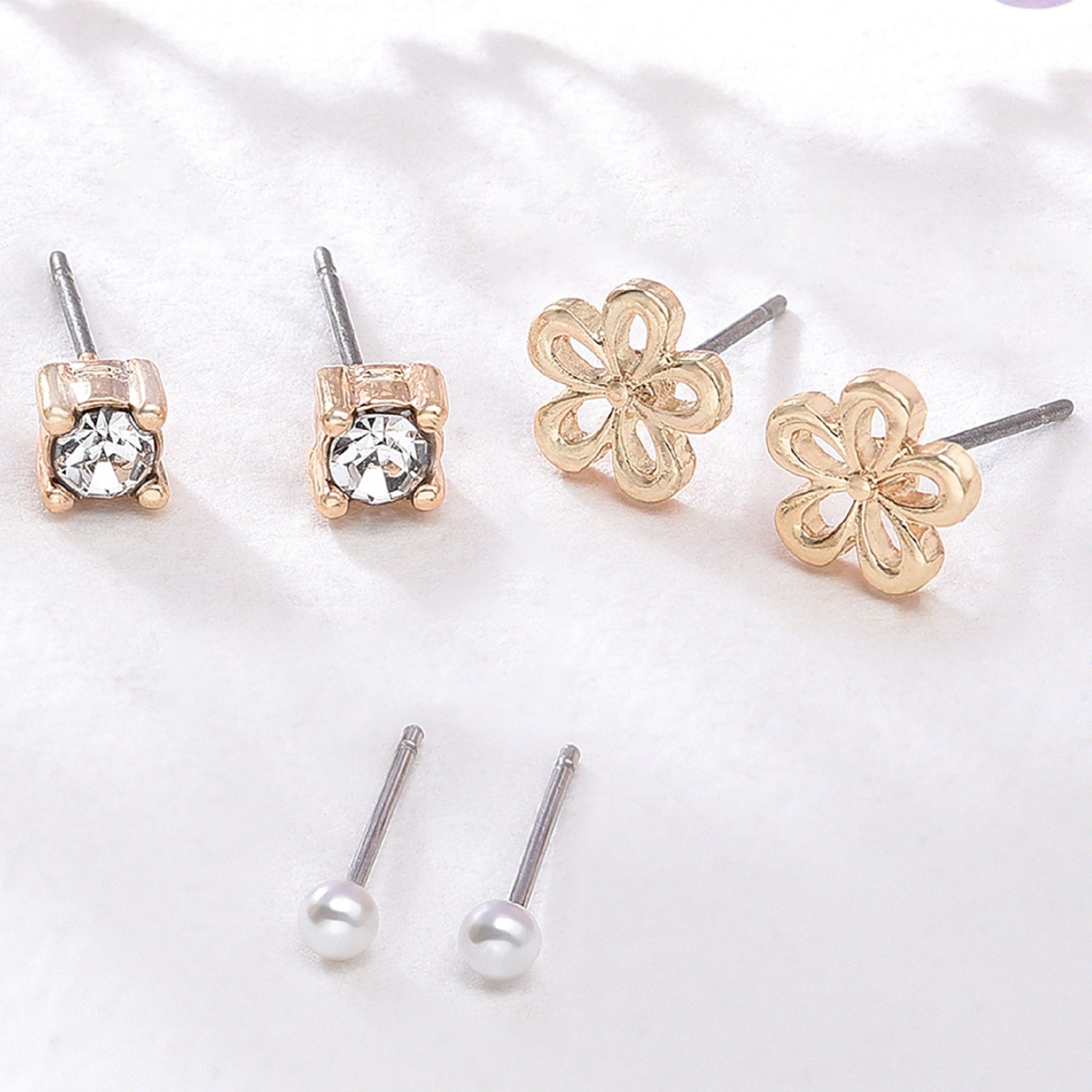 Accessorize London Women's Gold 3 X Flower Stud Earring Set