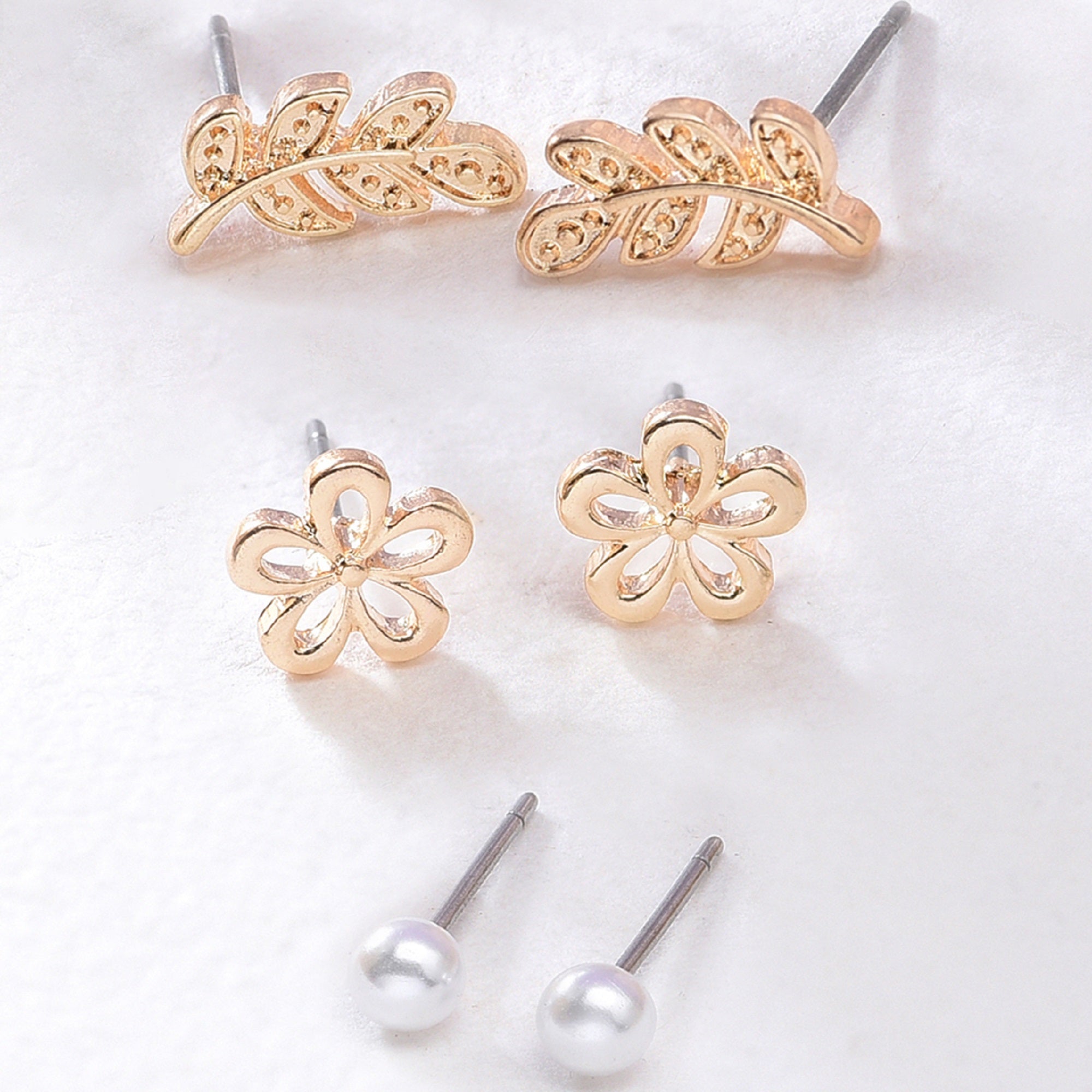Accessorize London Women's Gold 3X Leaf Flower Stud Earring Set