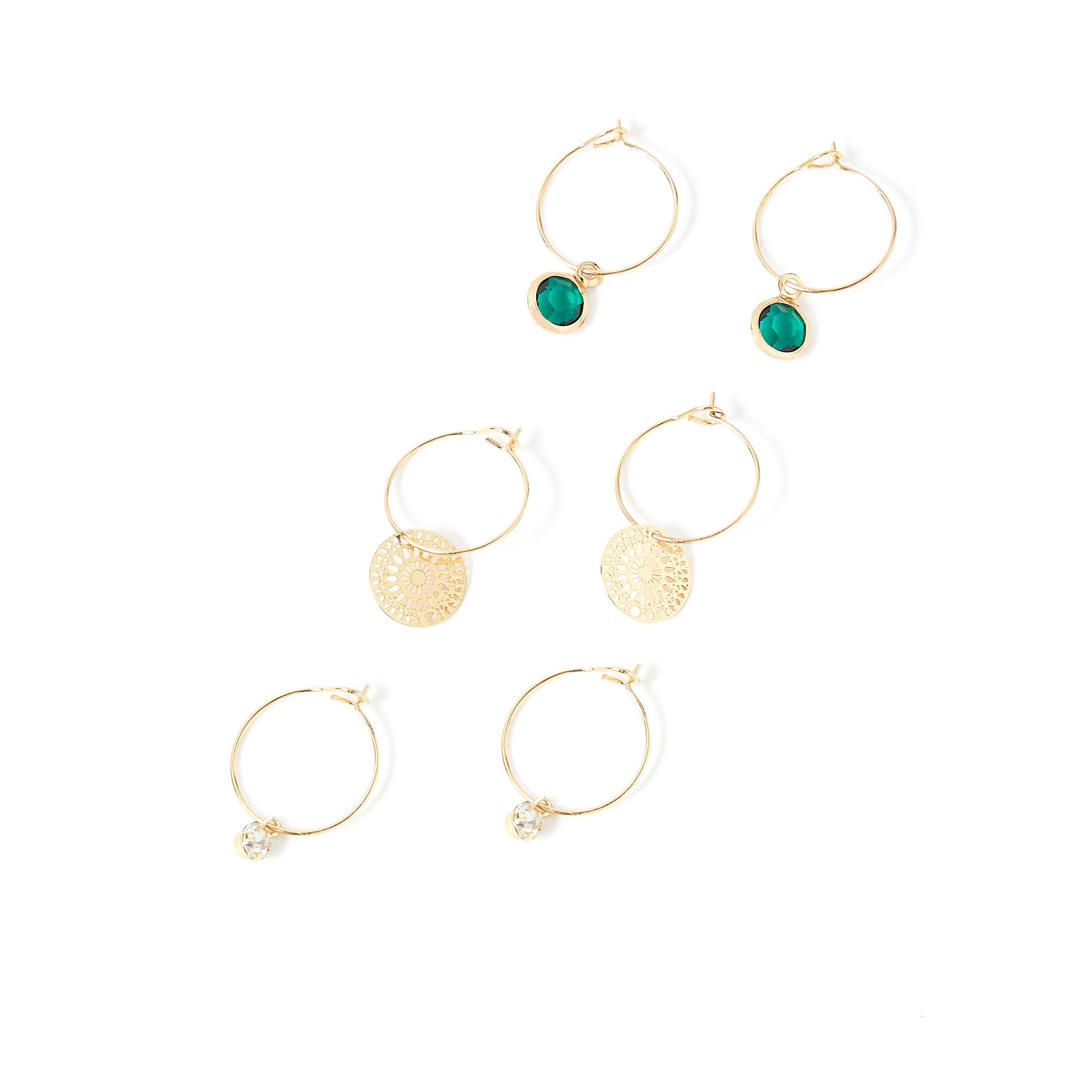 Accessorize London Women's Gold Set of 3 Filigree & Stone Hoop Earring Pack