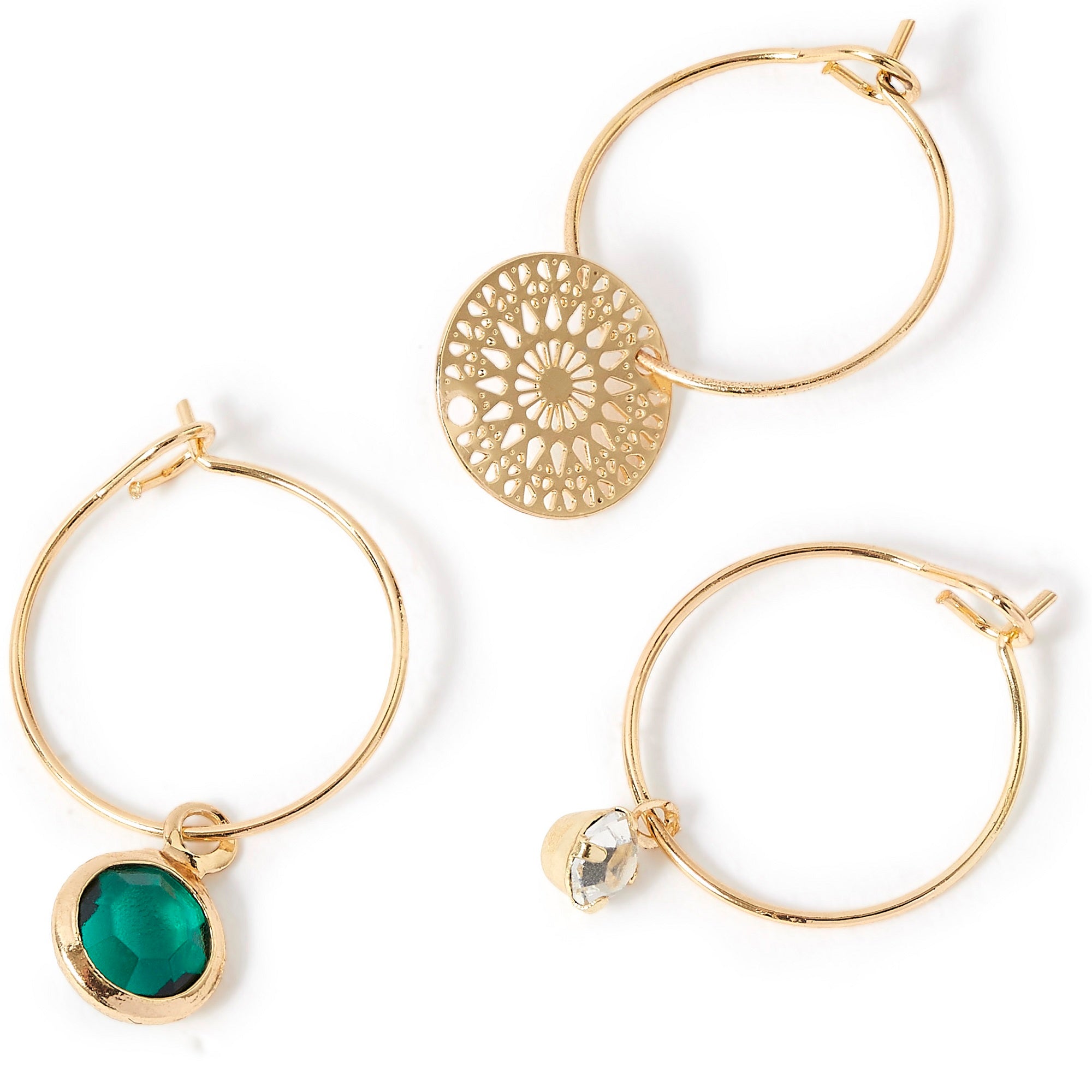 Accessorize London Women's Gold Set of 3 Filigree & Stone Hoop Earring Pack