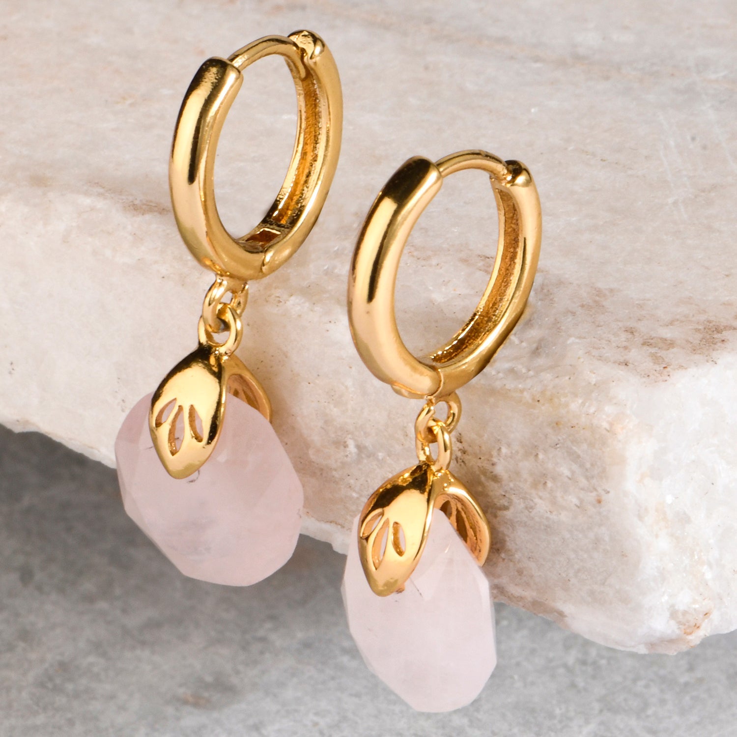 Real Gold Plated Circle Healing Stone Hoops Earring Rose Quartz For Women By Accessorize London