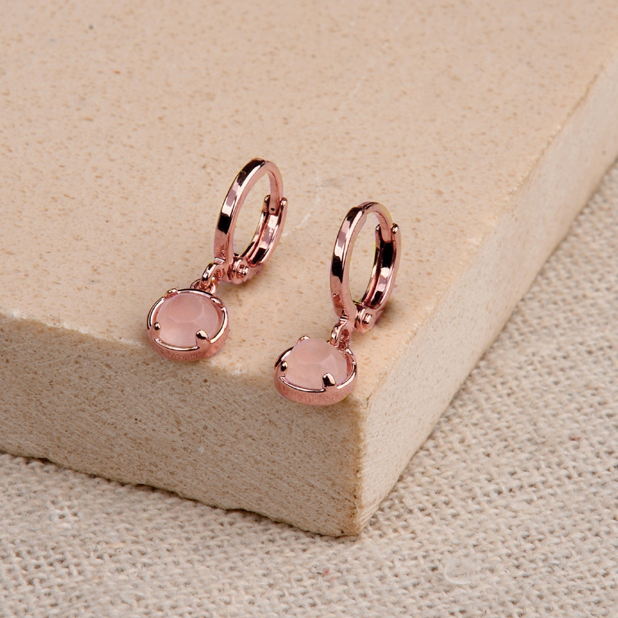 Real Gold Plated Rose Quartz Halo Drop Huggie Hoop Earring For Women By Accessorize London