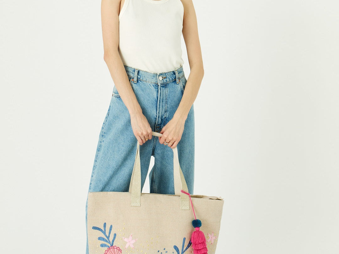 Accessorize London women's White fabric Under The Sea Embroidered Tote bag