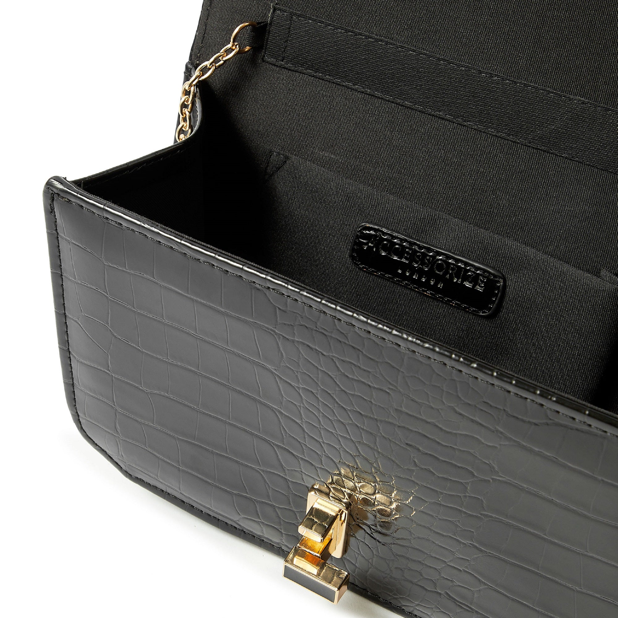 Accessorize London Women's Faux Leather Black Croc Lock Chain Party Bag