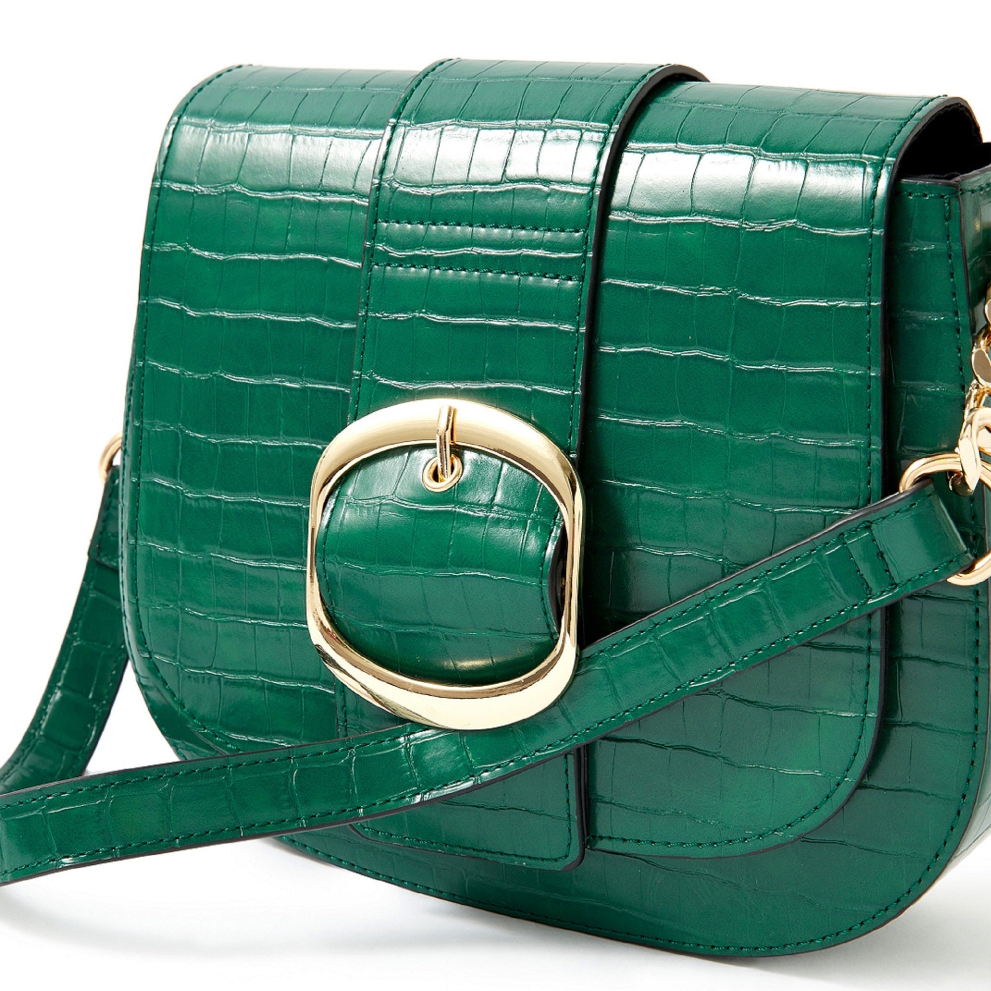 Accessorize London women's Faux Leather Green Buckle Saddle Shoulder & Sling bag