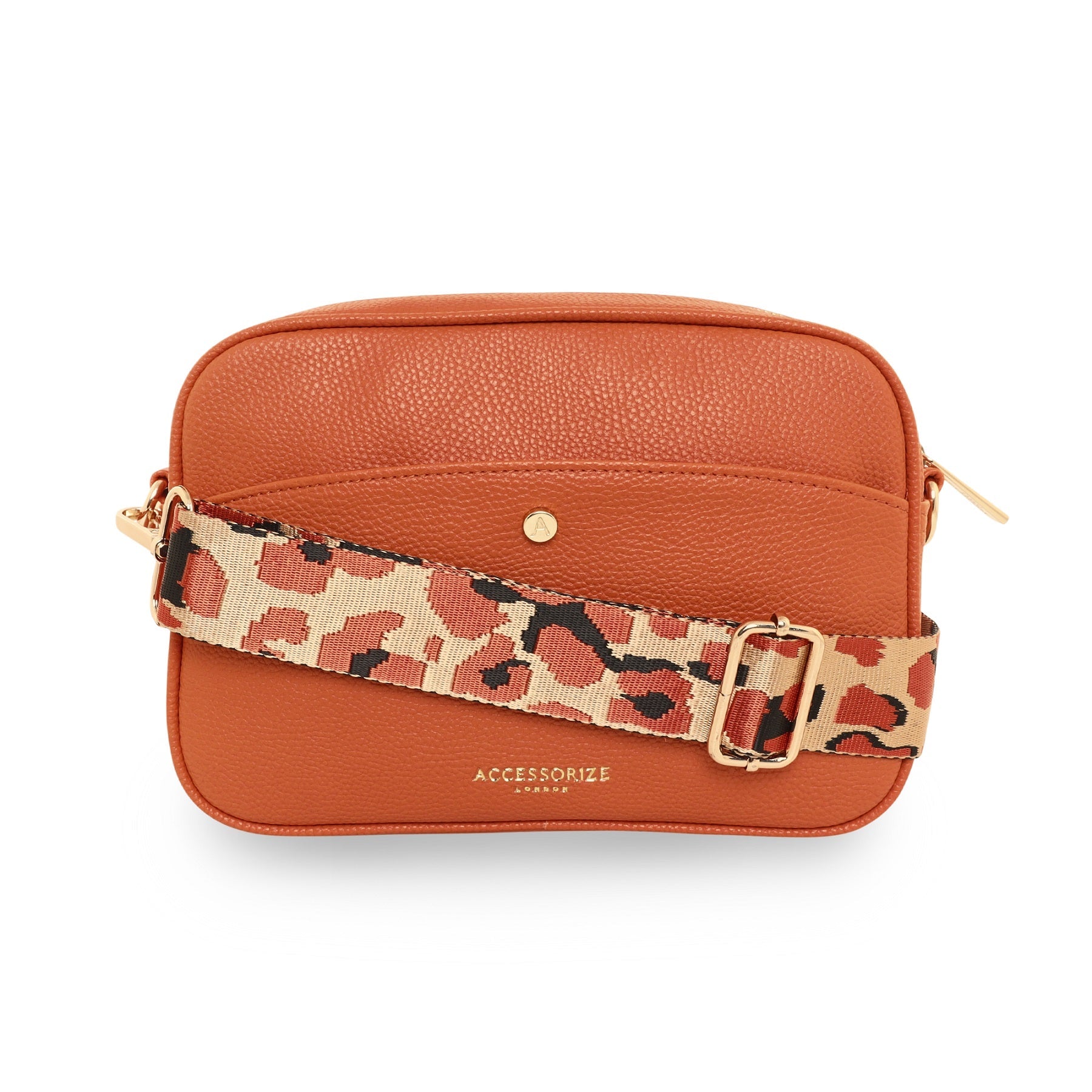 Accessorize London Women's Faux Leather Orange Leopard strap camera Sling bag