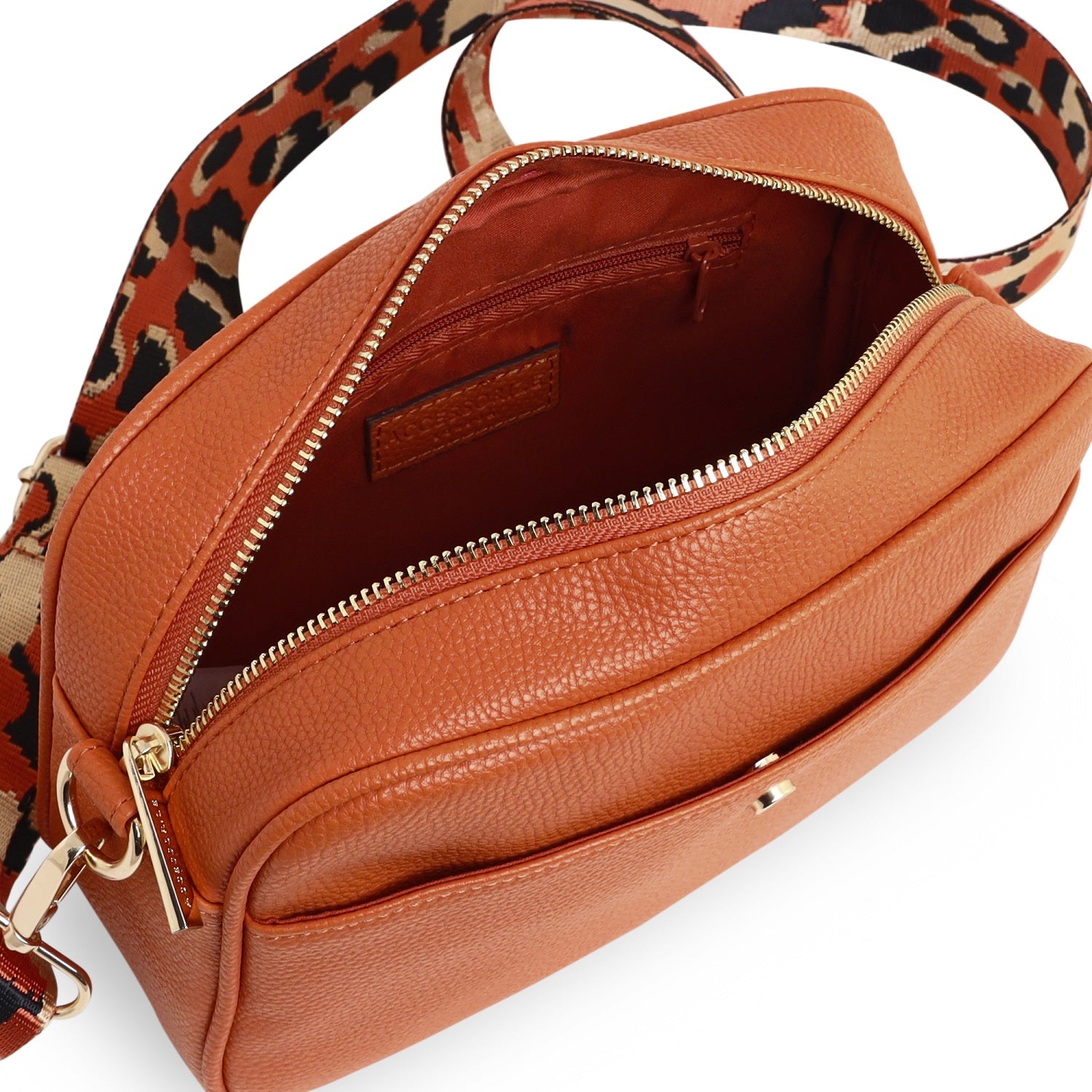 Accessorize London Women's Faux Leather Orange Leopard strap camera Sling bag
