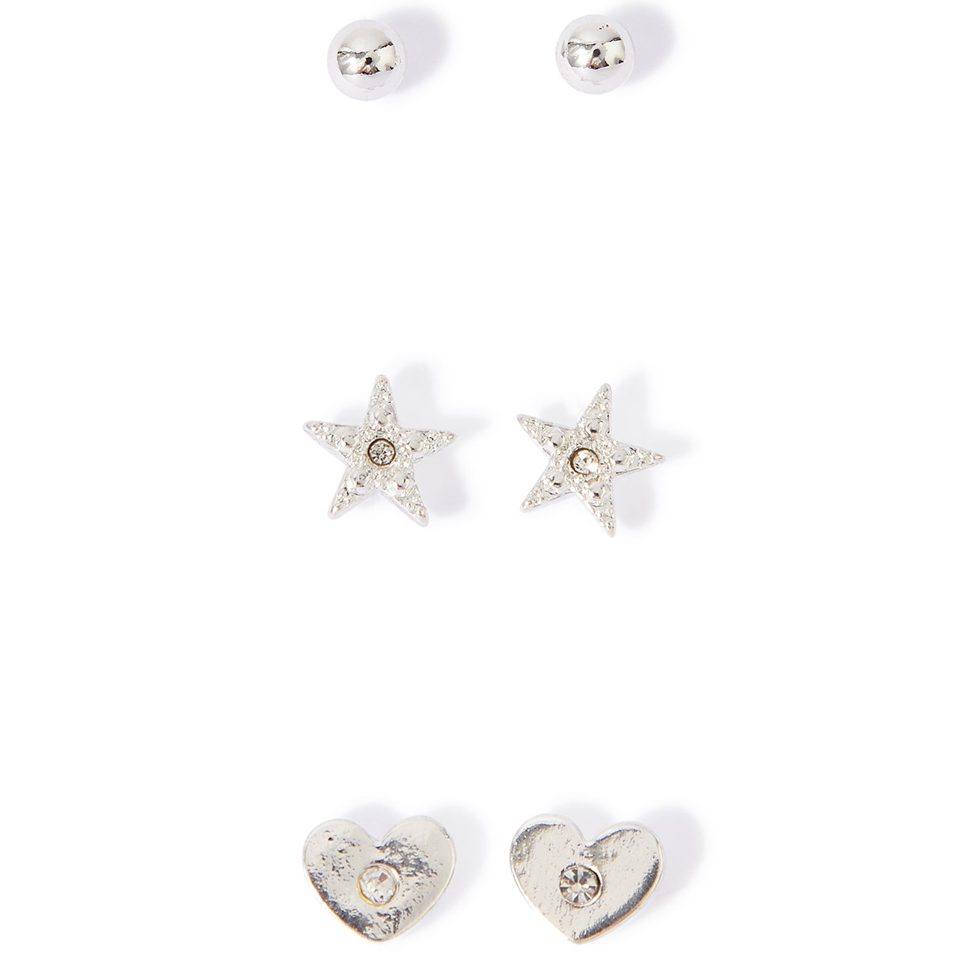 Accessorize London Women'S Silver Set Of 3 Heart Stars Stud Earring Pack
