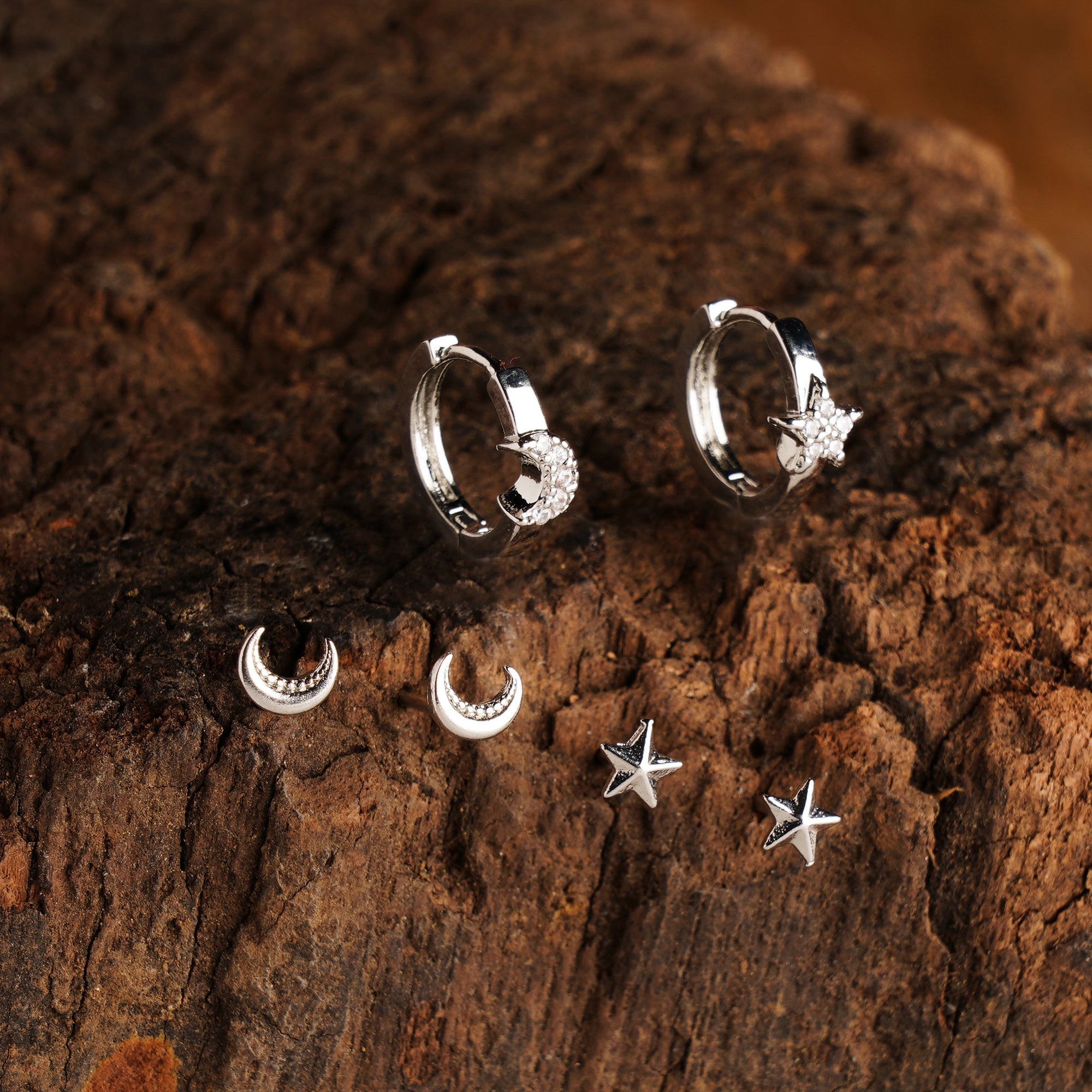 Platinum Plated 3 Pack Celestial Stud And Hoop Earring For Women By Accessorize London