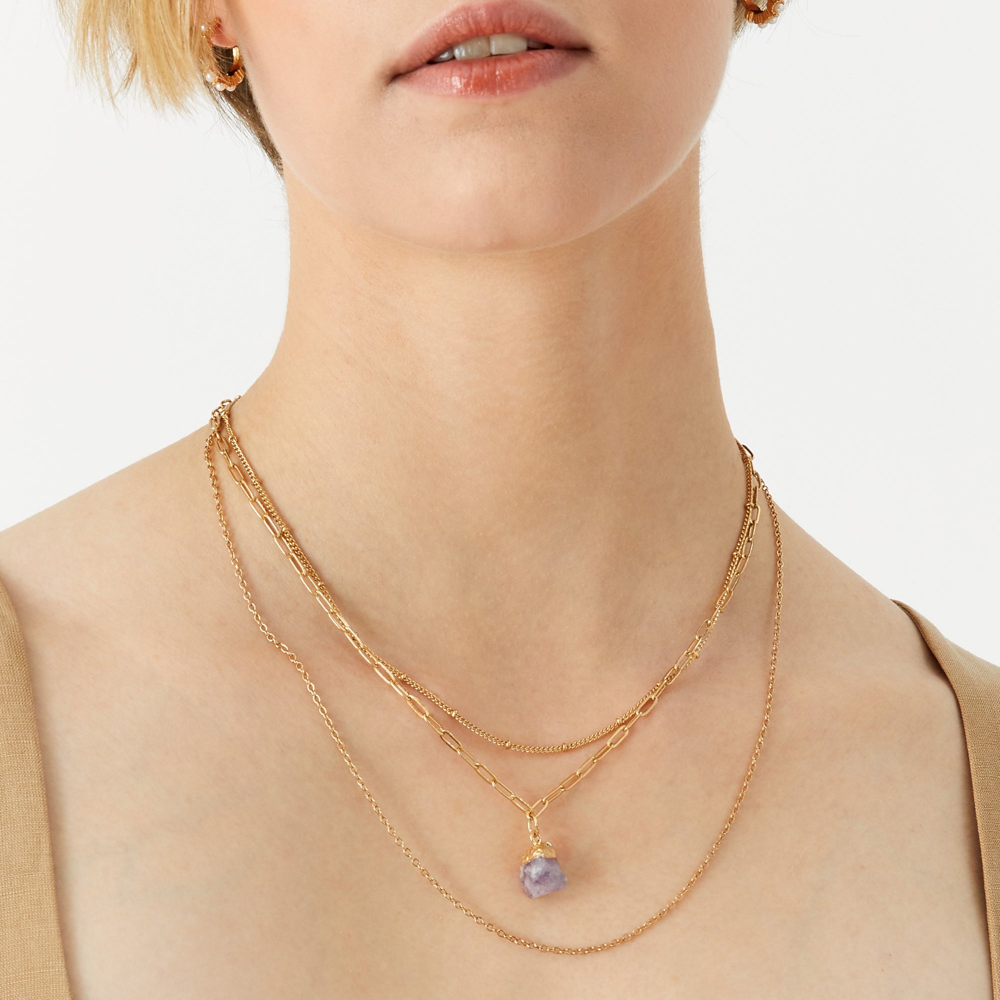 Accessorize London Women's Purple Celestial 3 Raw Stone Chains Multi Row Necklace