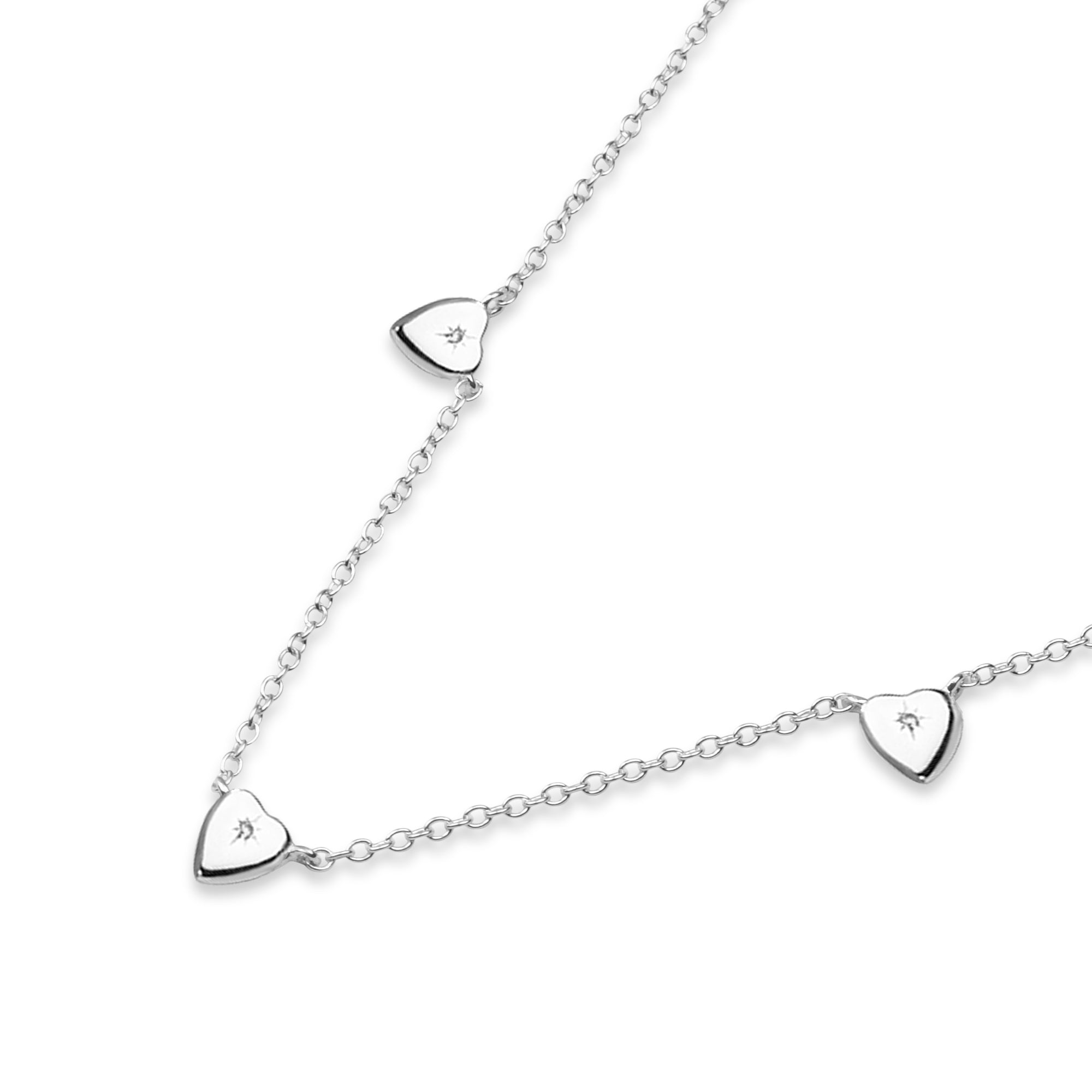 925 Pure Sterling Silver Sparkle Heart Station Necklace For Women
