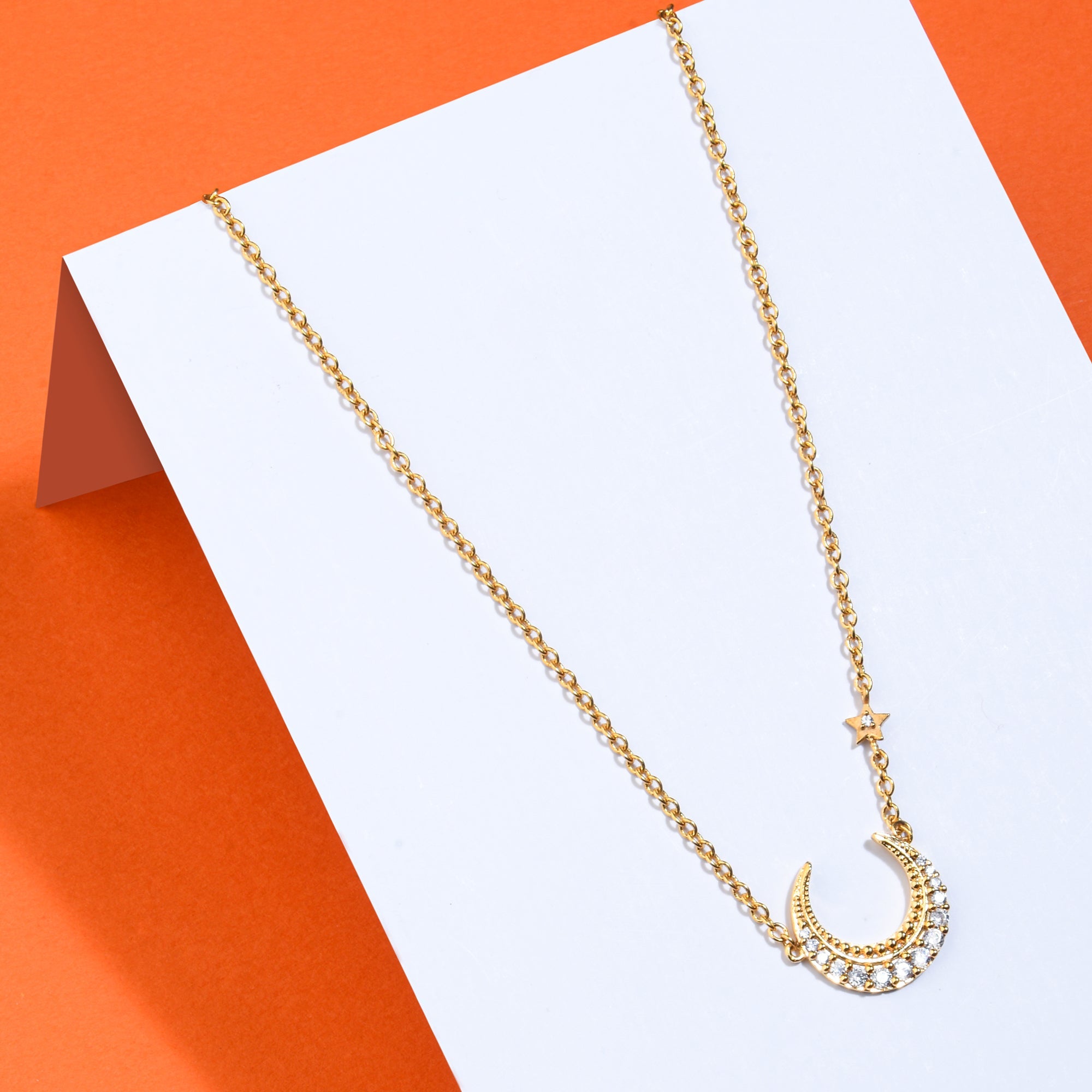 Real Gold Plated Z Sparkle Moon Pendant Necklace For Women By