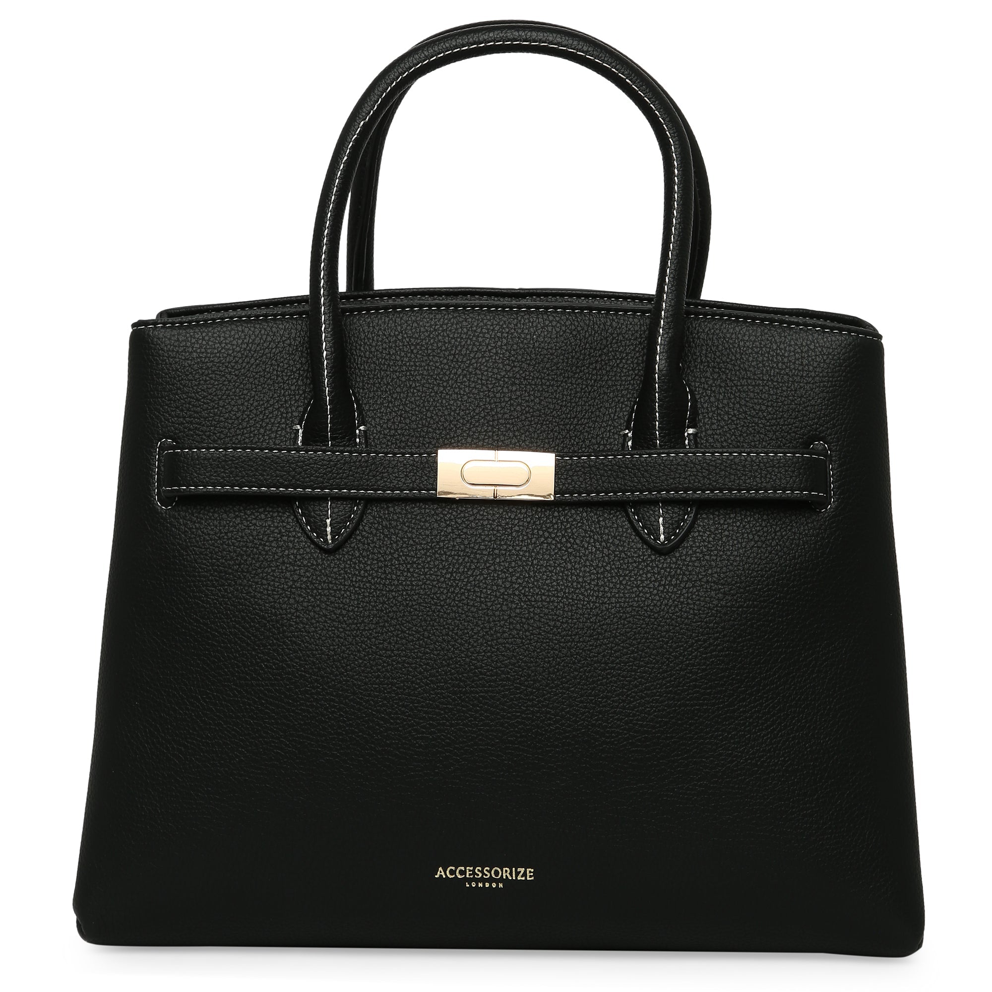 Accessorize London Women'S Faux Leather Black Contrast Stitch Handheld Tote Bag