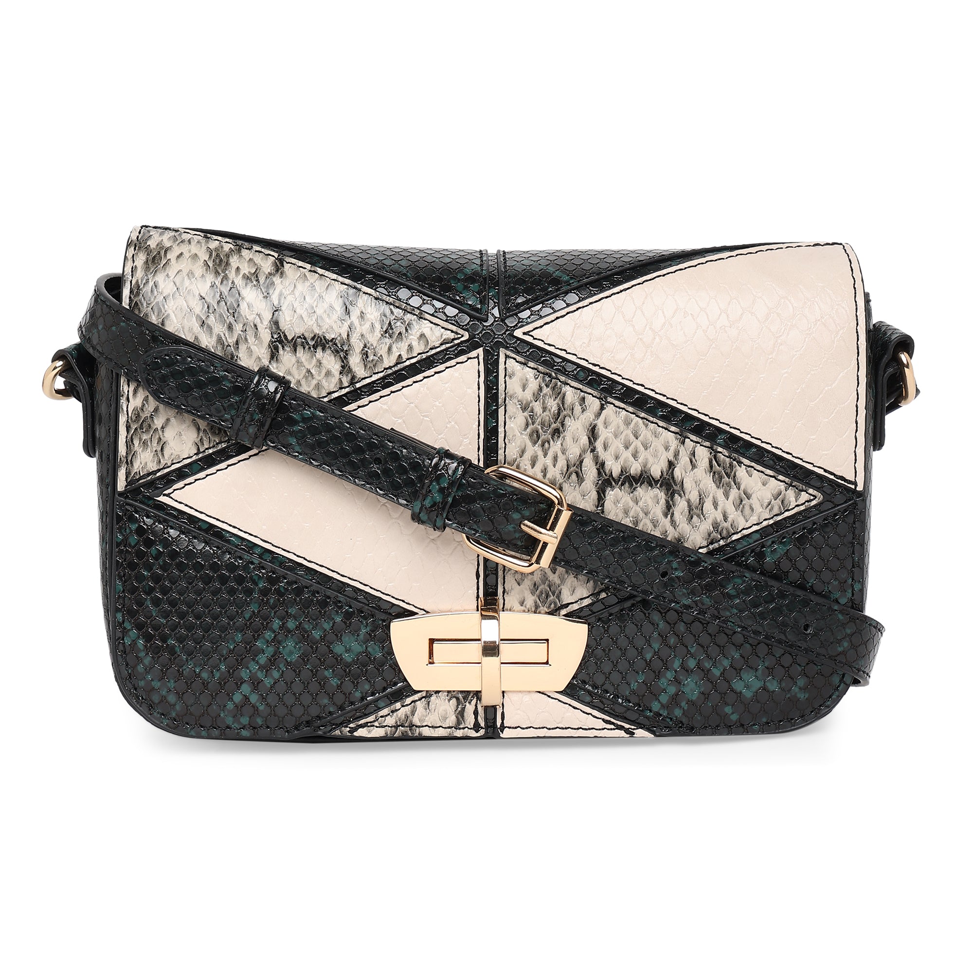 Accessorize London Women's Faux Leather Black White Patchwork Snake Sling Bag