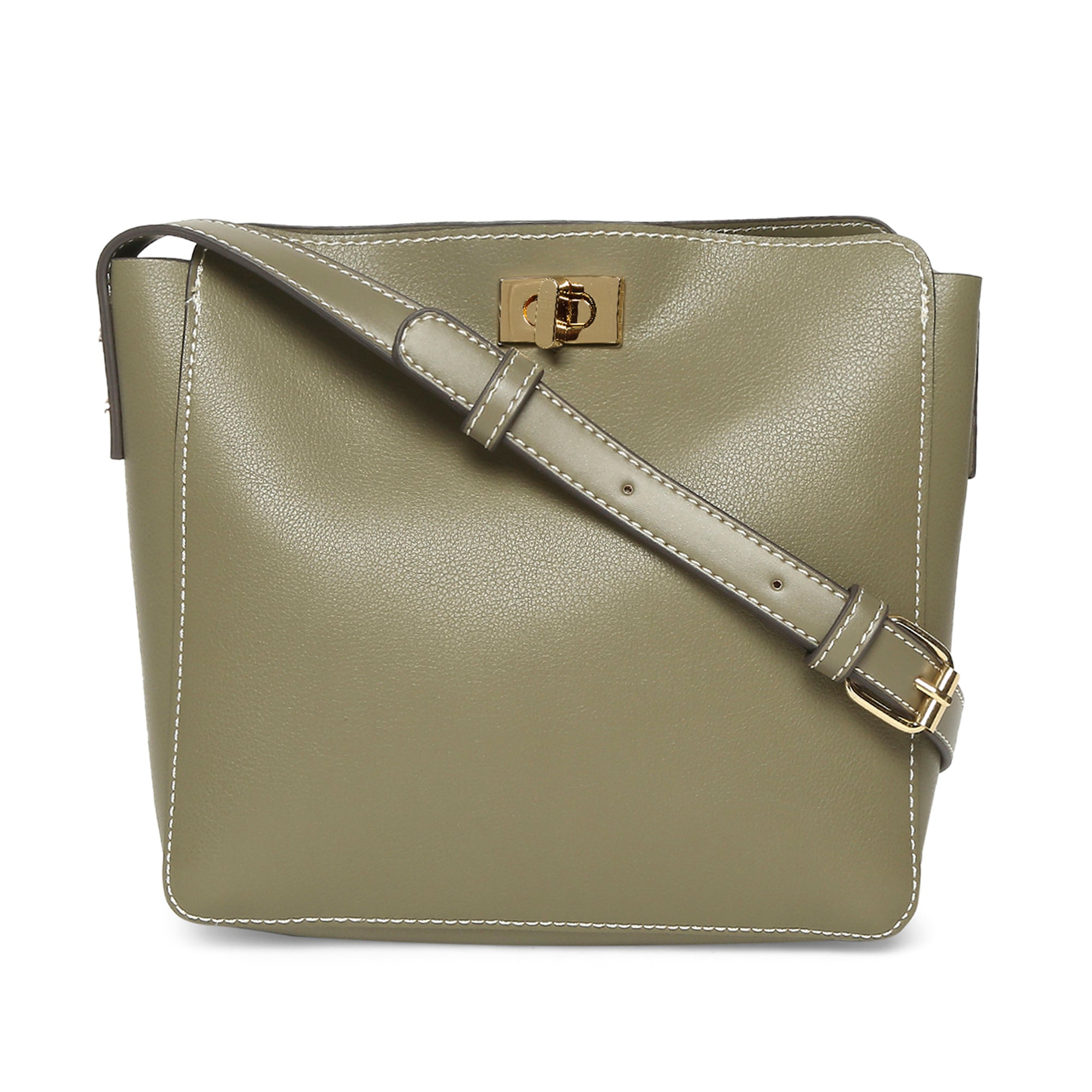 Accessorize London Women's Faux Leather Khaki Twist Lock Sling Bag