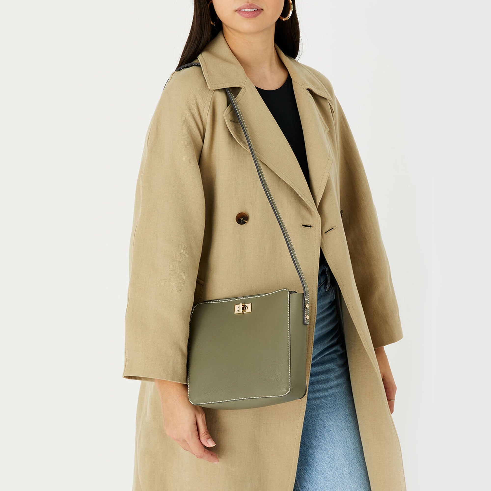 Accessorize London Women's Faux Leather Khaki Twist Lock Sling Bag