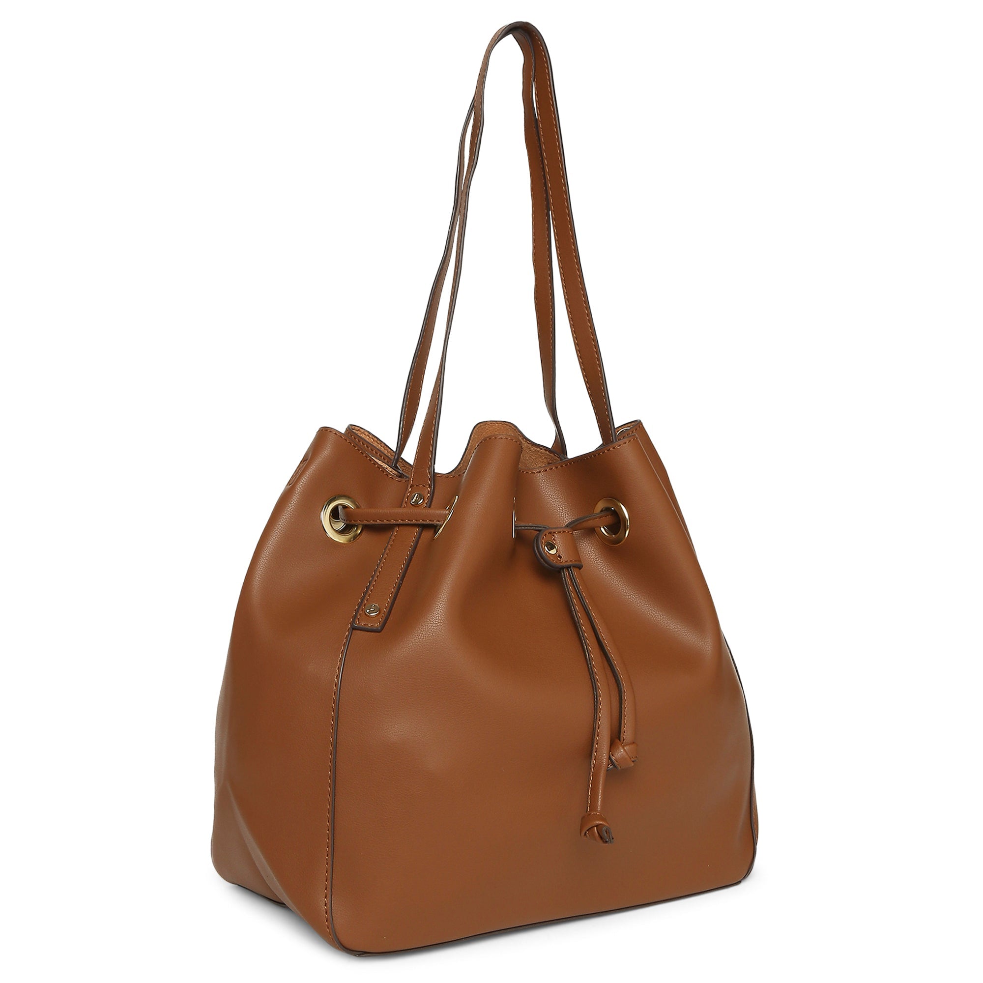 Accessorize London Women's Faux Leather Tan Eyelet Drawstring Bag