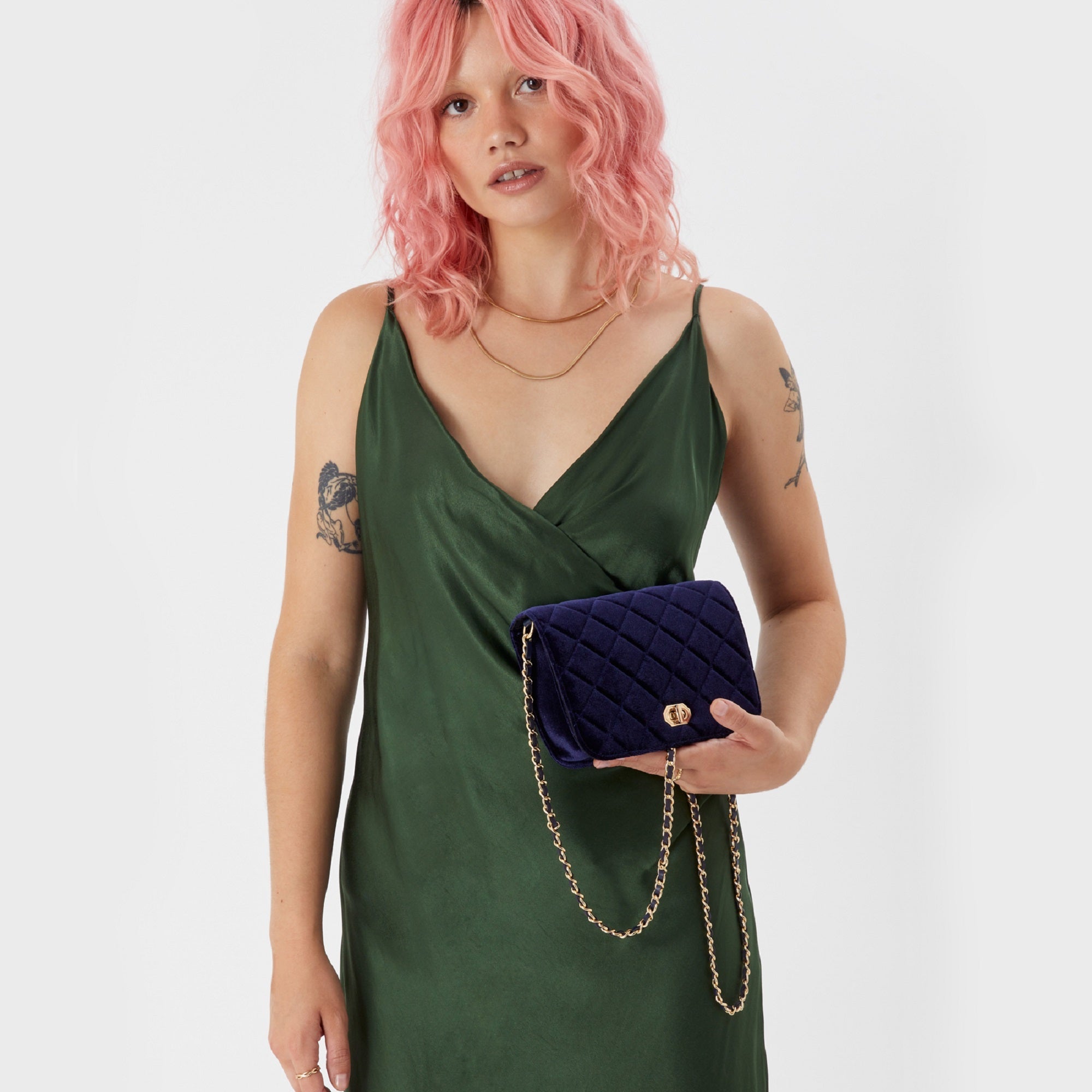 Accessorize London Women Erin Quilted Velvet Blue Sling Bag