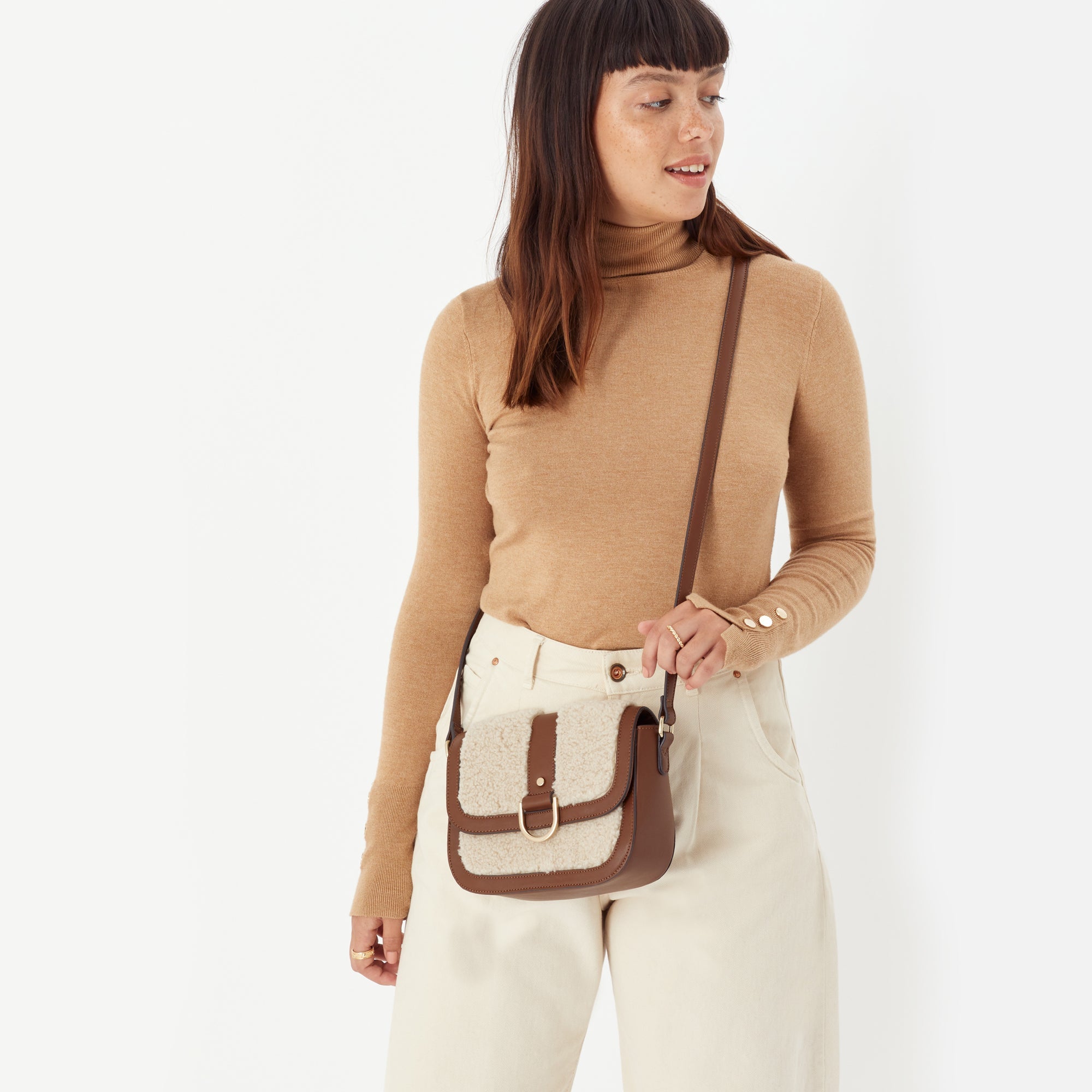 Accessorize London Women's Faux Leather Cream Chloe Faux Shearling Sling Bag