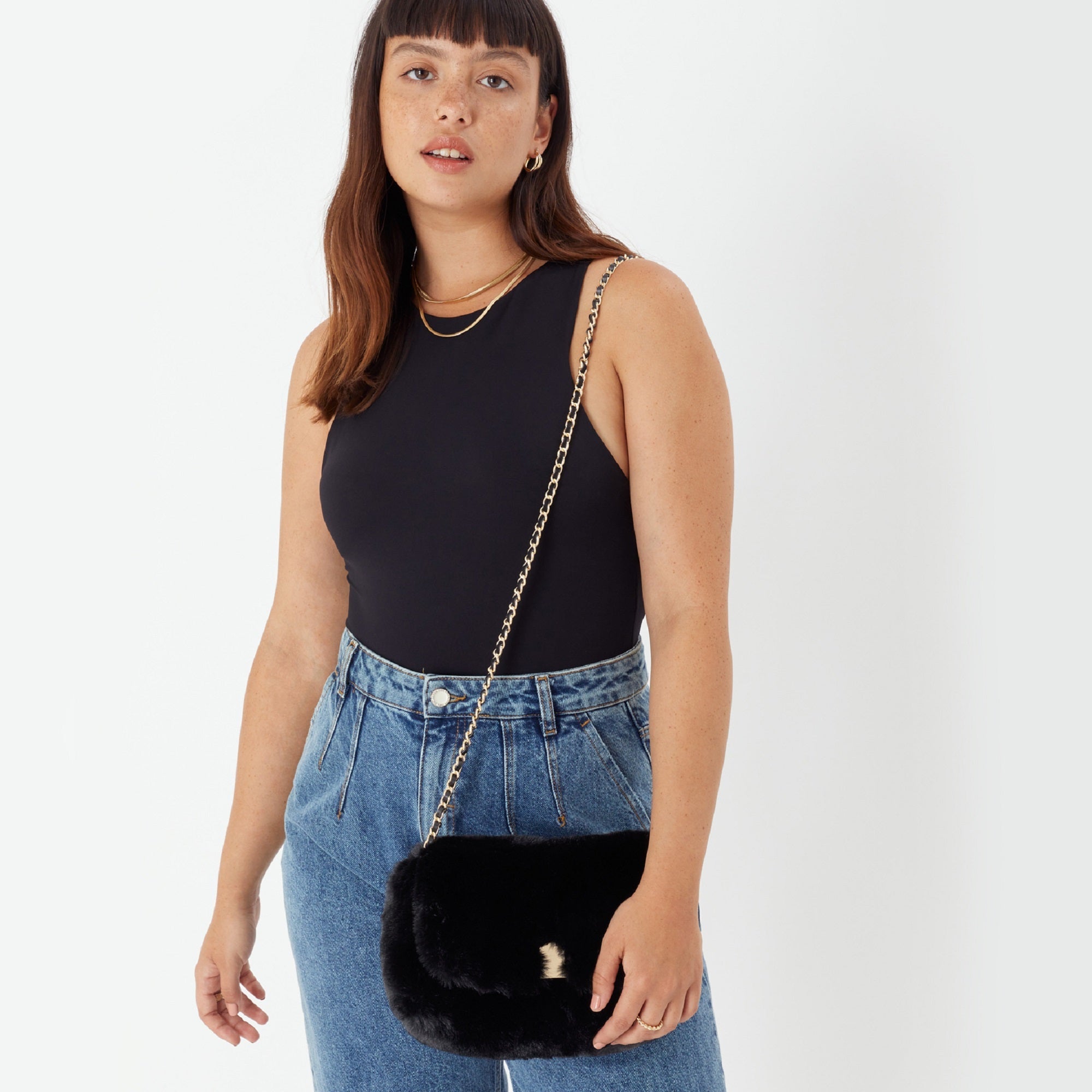 Accessorize London Women's Faux Leather Black Maya Faux Fur Sling Bag