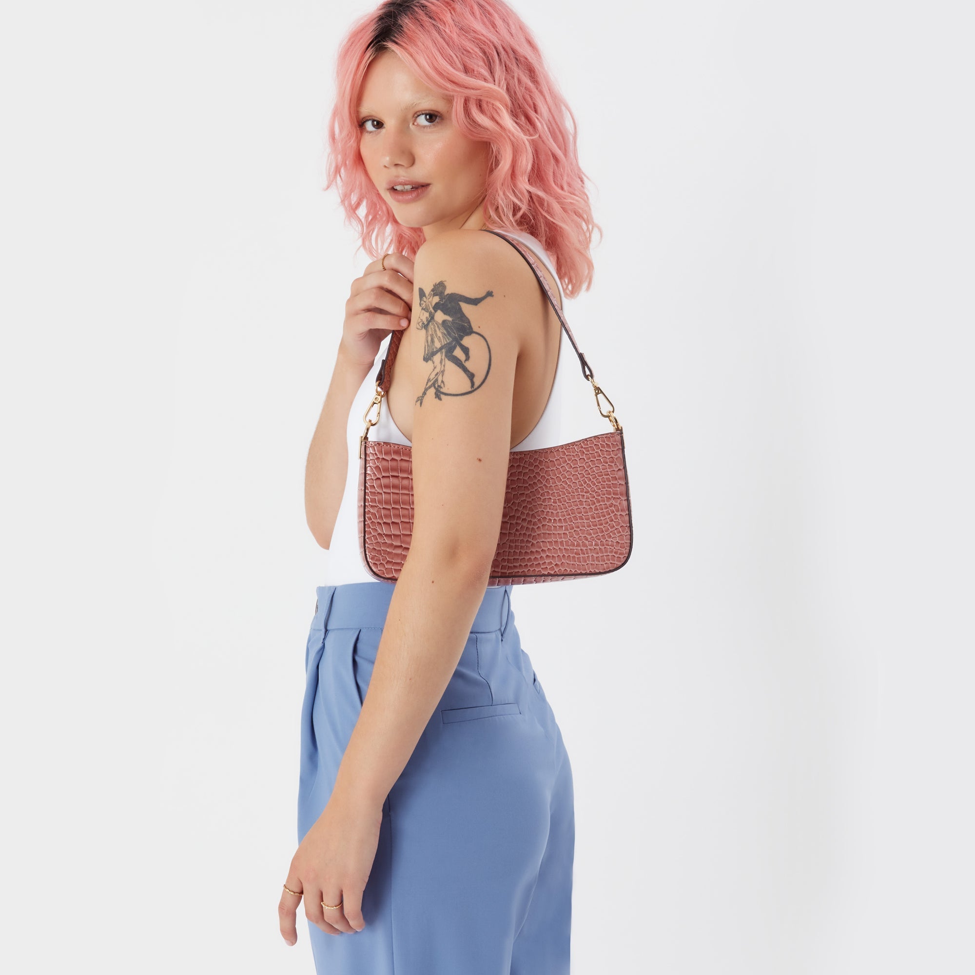 Accessorize London Women's Faux Leather Croc Roxanne Baguette Shoulder Bag - Pink