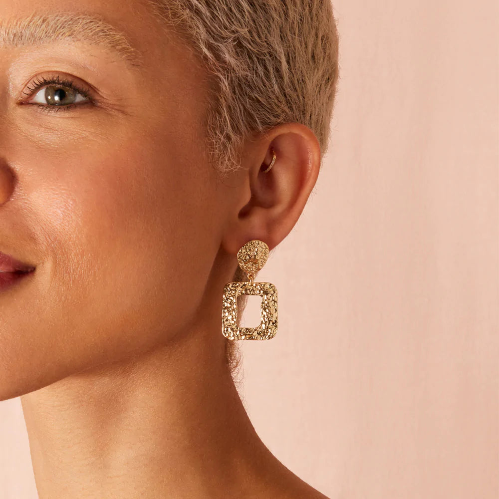 Gold chunky textured square drop door knocker earrings online