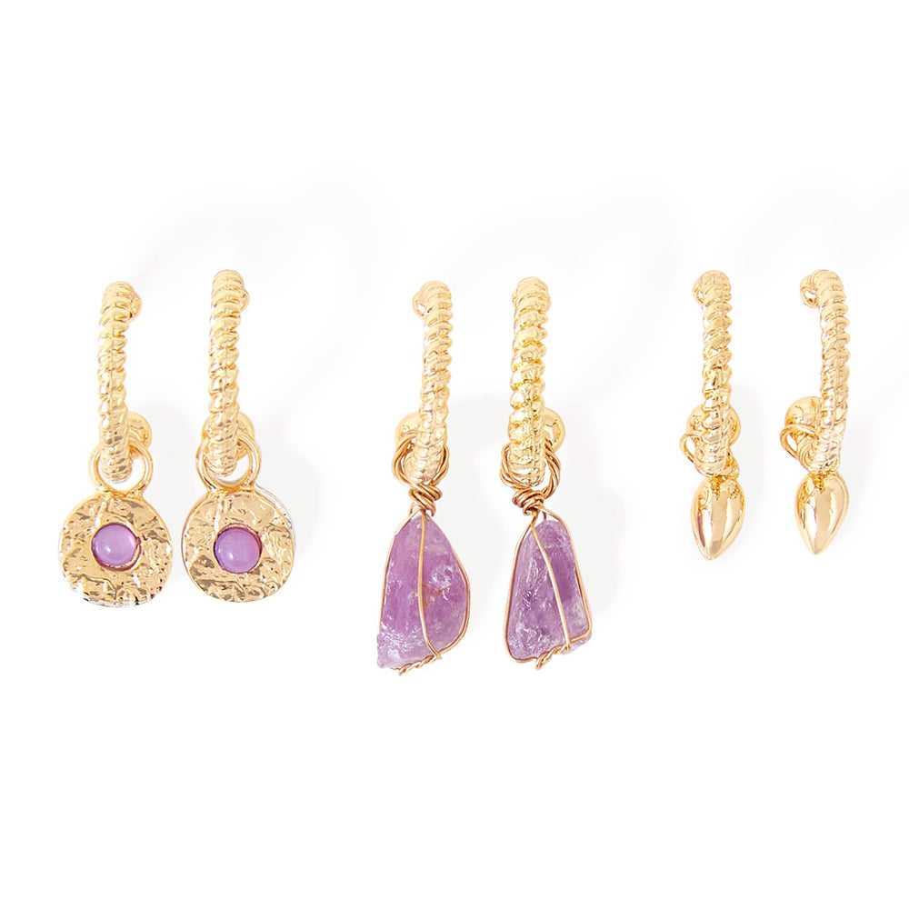 Accessorize London Women's Purple Raw Stones Huggie Hoop Earring Pack