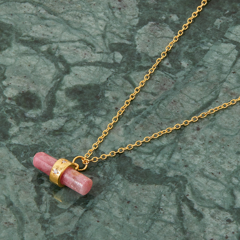 Real Gold Plated Z Healing Stone Rhodolite Tbar Pendant Necklace