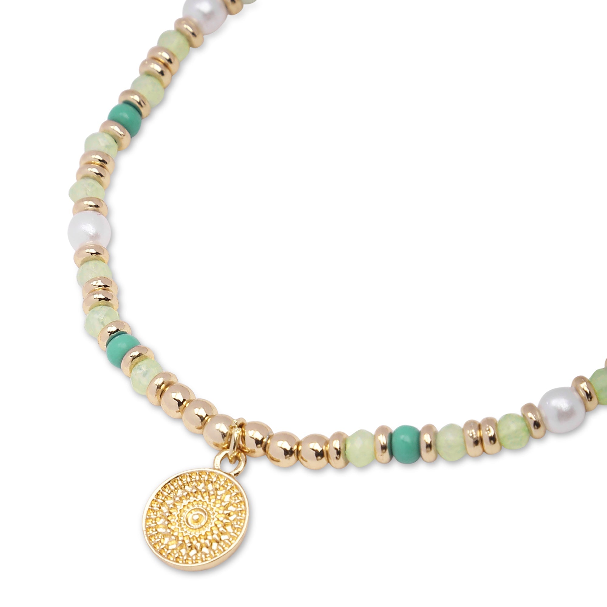 Accessorize London Women's Green Bead, Pearl & Coin Anklet