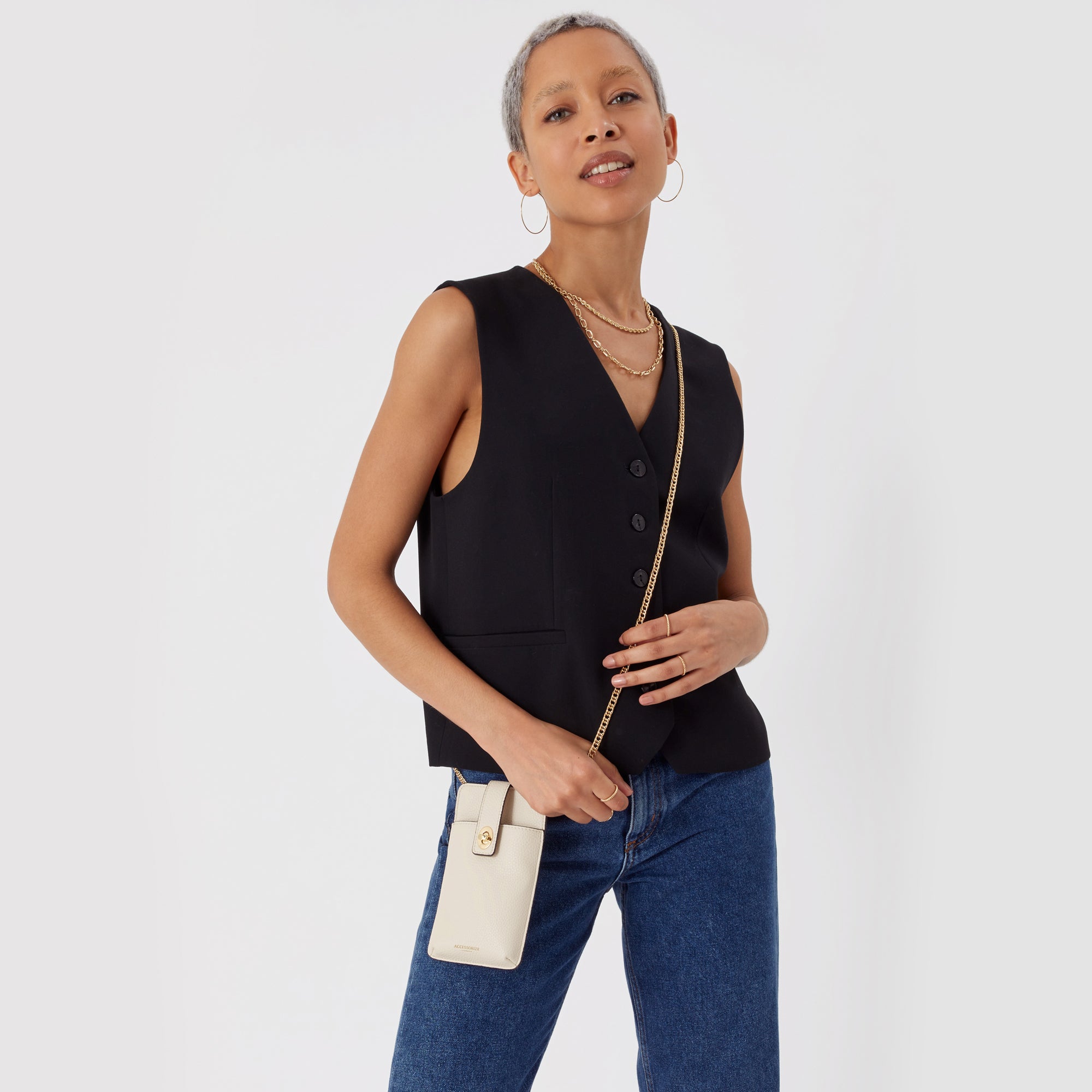 Accessorize London Women's Faux Leather Cream Large Chain Phone Bag