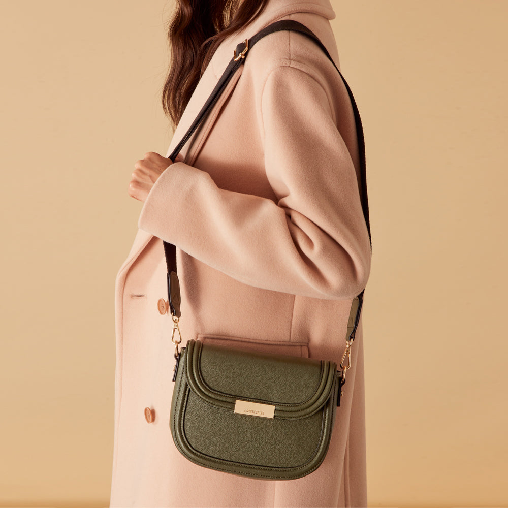 Accessorize London Women'S Faux Leather Khaki Webbing Saddle Sling Bag