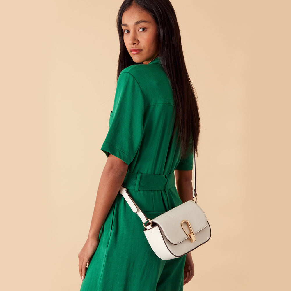 Accessorize London Women's Faux Leather Large metal lock White Sling Bag