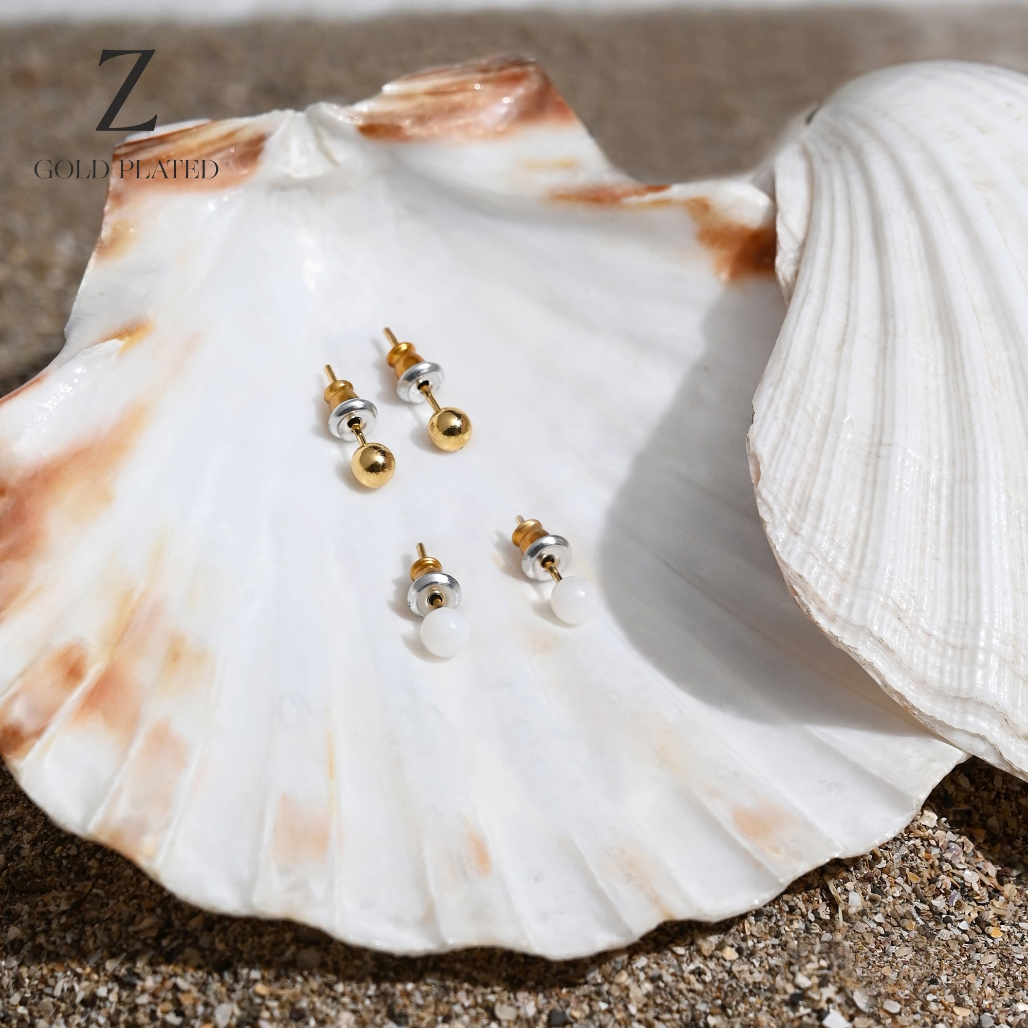 Real Gold-Plated Z And Plain Stud Earrings